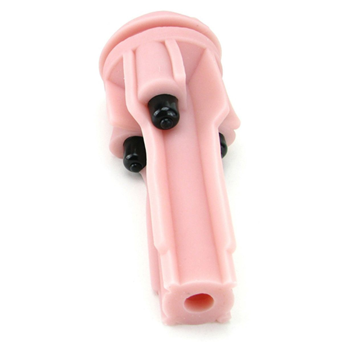 Nahaufnahme eines rosa Geräts mit schwarzen Schrauben. Das Gerät ist lang und zylindrisch.