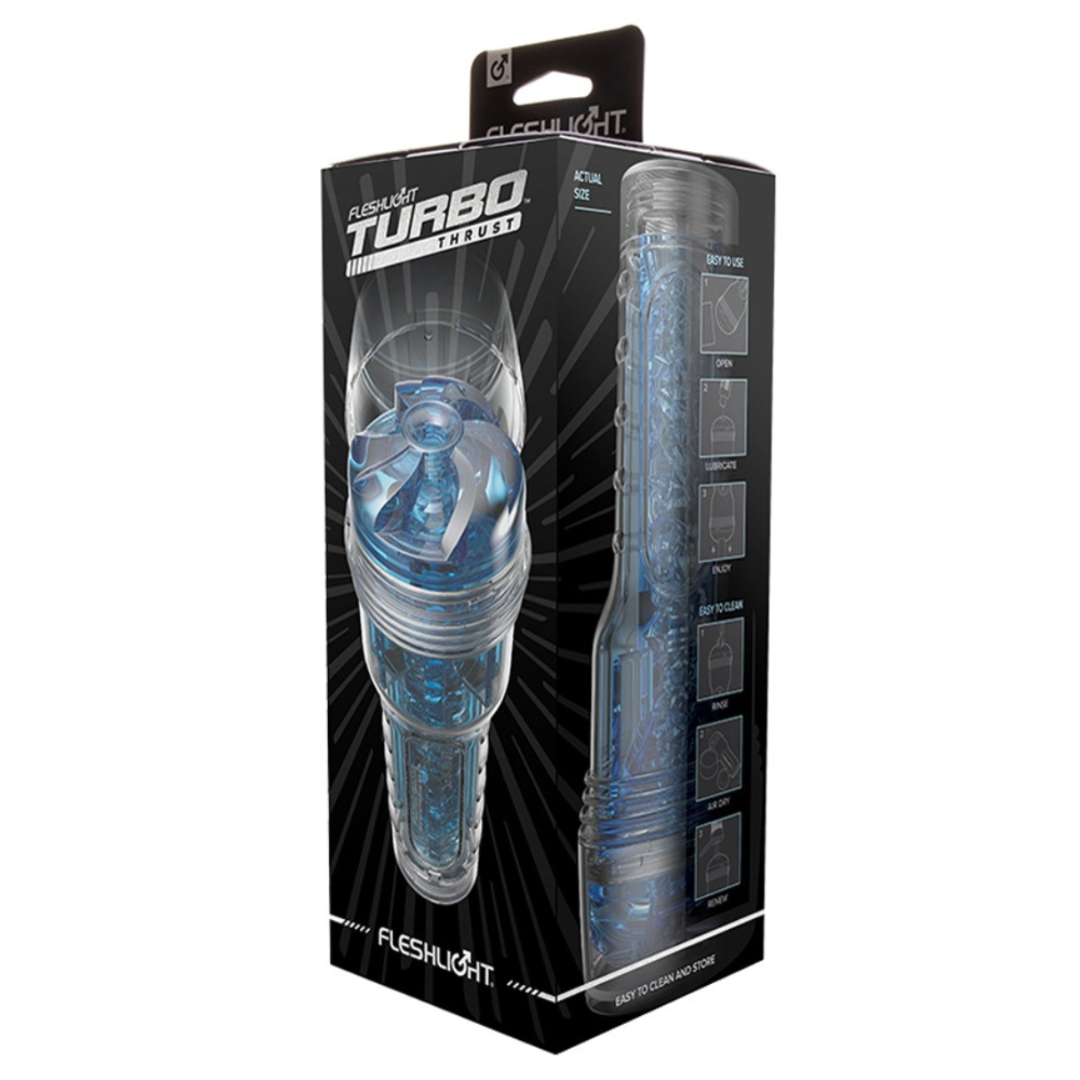 Fleshlight-Spielzeug in einer Box. Klarsichtplastik mit blauen Details und detaillierter Innenstruktur. Sexspielzeug.