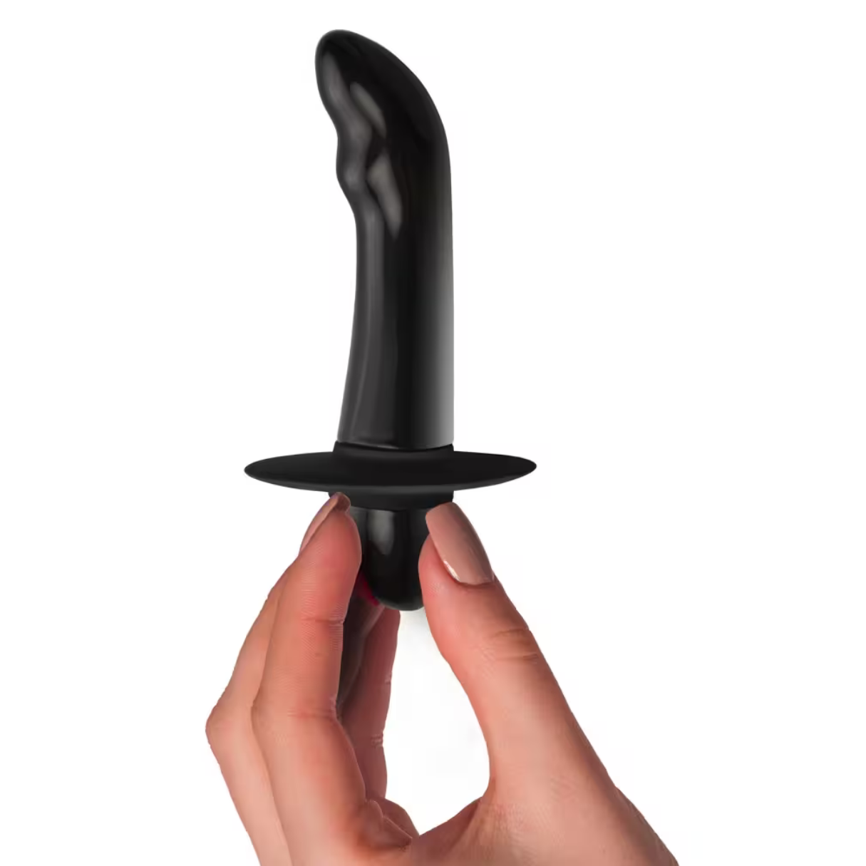 Czarna zabawka erotyczna z zaokrągloną podstawą i zakrzywionym trzonem.