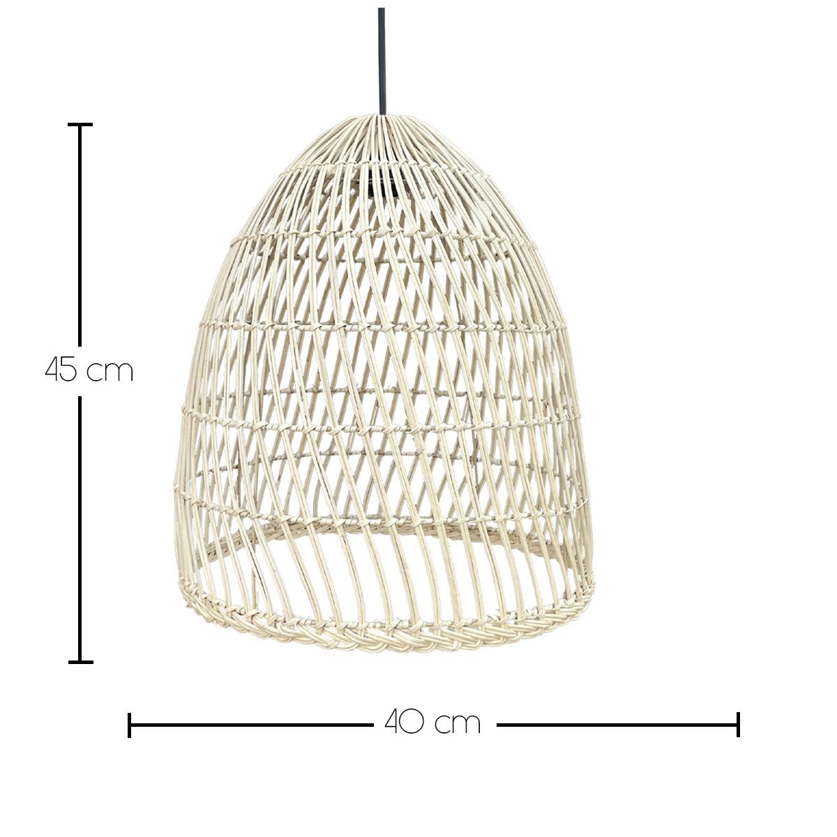 Off-White gewebte Pendelleuchte. Es ist eine abgerundete Kegelform mit Abmessungen von 45 cm x 40 cm.