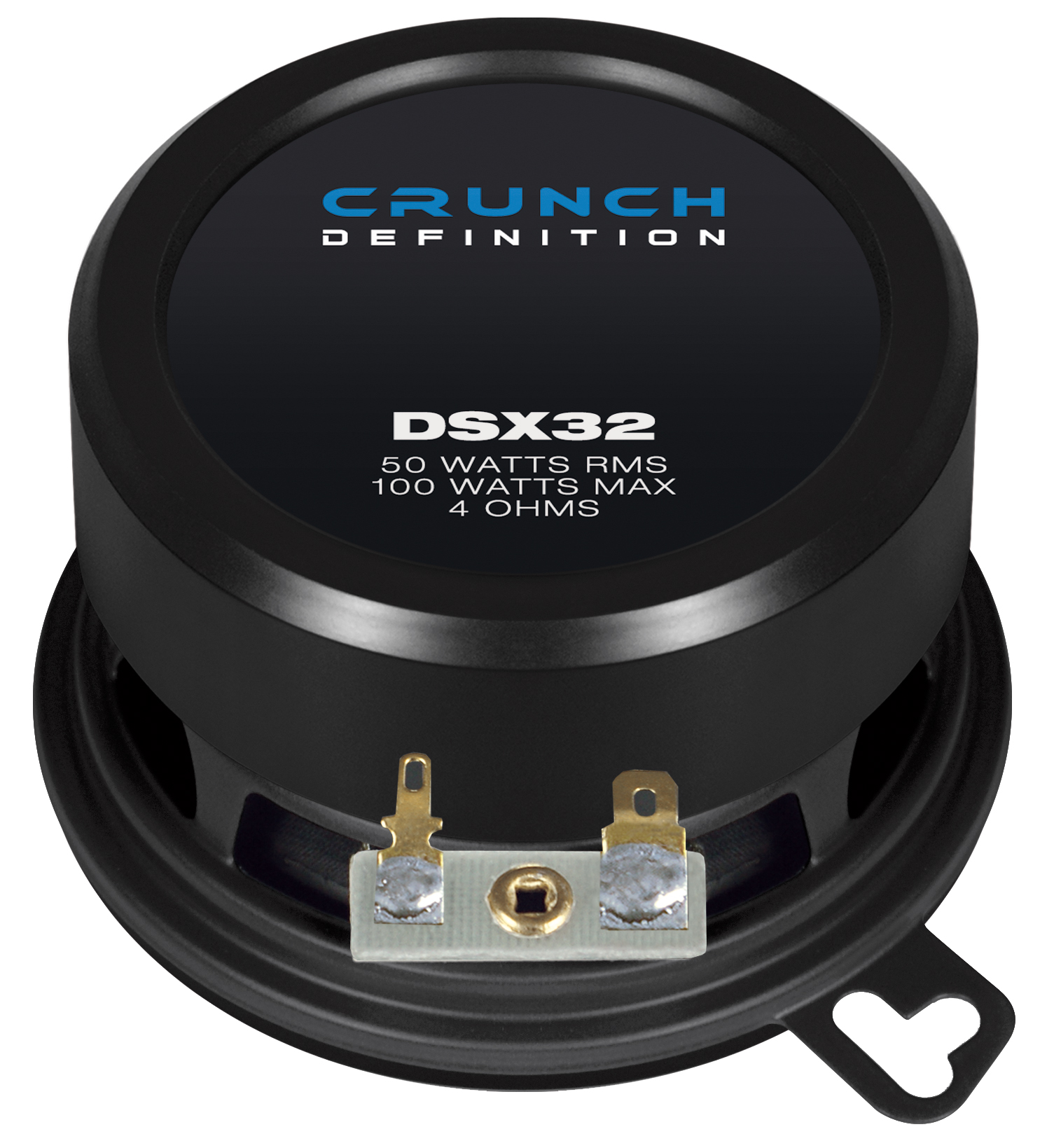 Schwarzer Lautsprecher mit Markennamen CRUNCH und Produktdetails. DSX32 50W/100W 4 Ohm.