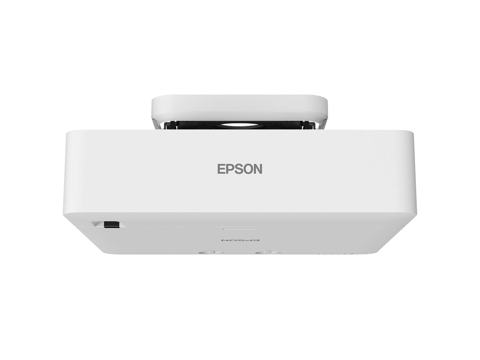 Biały projektor Epson z widokiem od dołu, z nazwą marki.