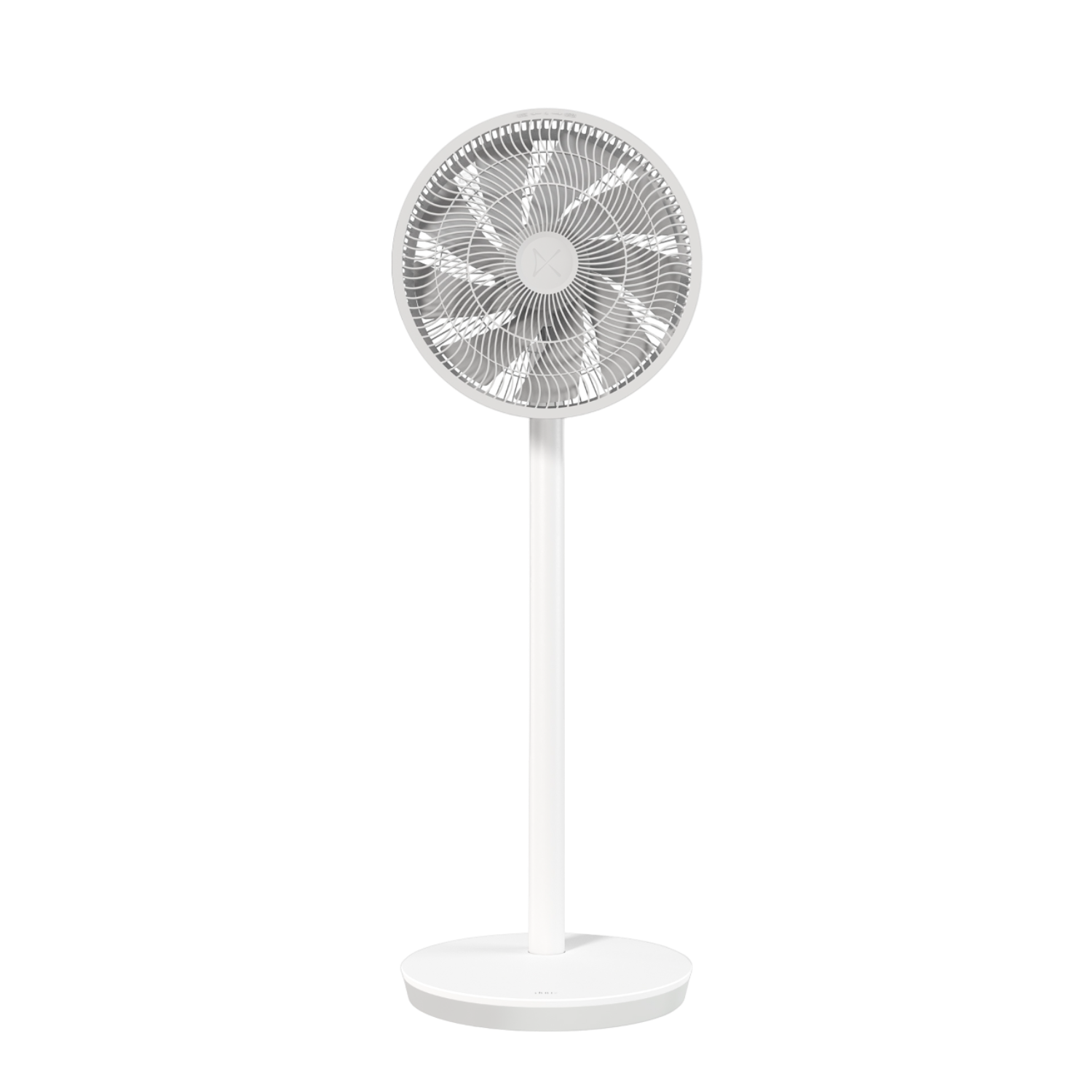 Ventilateur sur pied blanc avec tête et base circulaires, pales visibles.