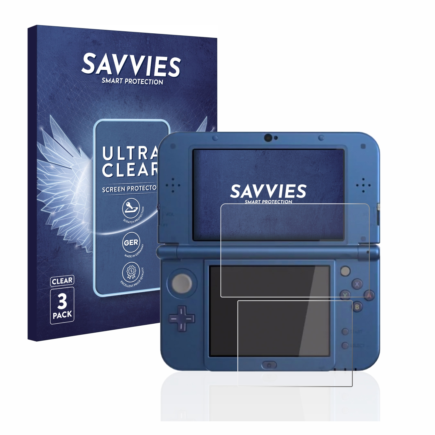 Blaue Nintendo 3DS mit Displayschutzfolien. Schachtel mit Displayschutzfolienverpackung und klarer Folie.