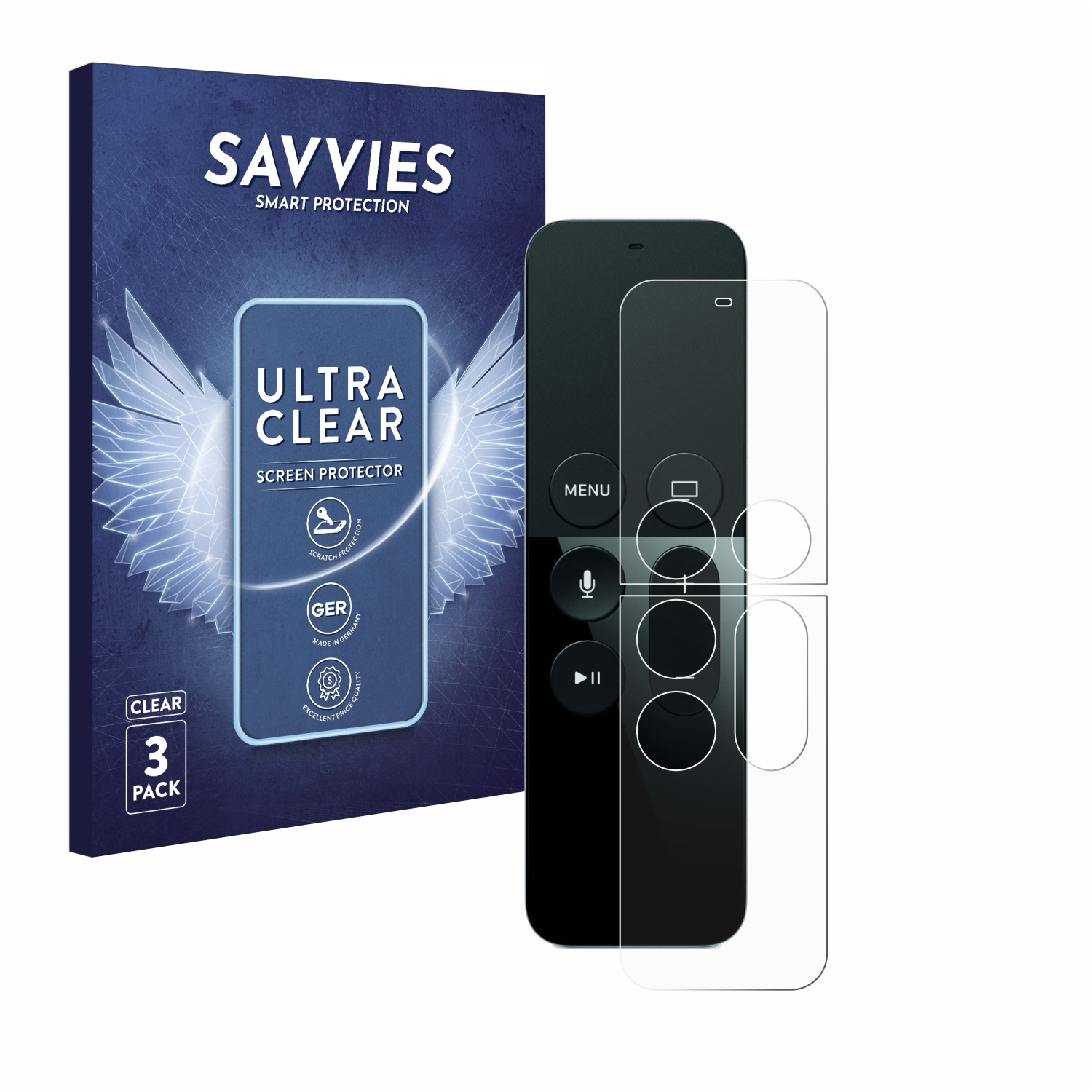 Apple TV-Fernbedienung und Displayschutzfolienverpackung. Der Schutz befindet sich auf der Fernbedienung. Weißer Hintergrund.