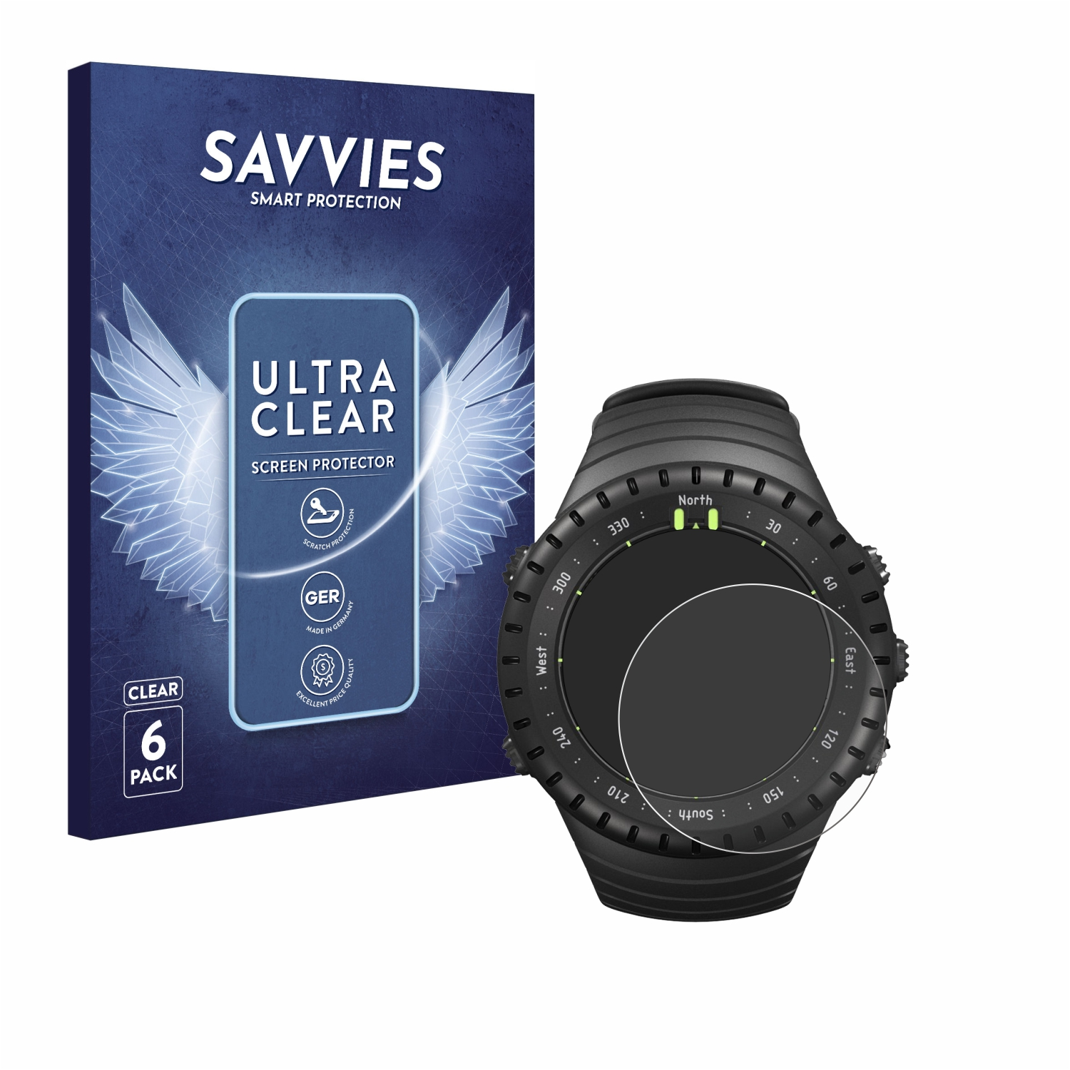 Schwarze Smartwatch mit Displayschutz und Box. Schutz auf dem Zifferblatt.
