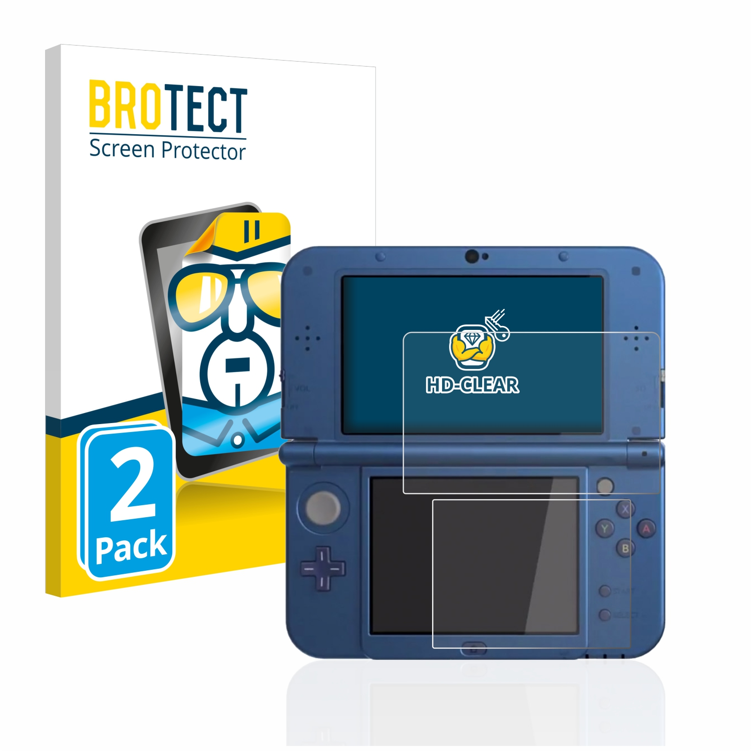 Ein blaues Nintendo 3DS mit Displayschutzfolien und Displayschutzfolienbox auf weißer Oberfläche.