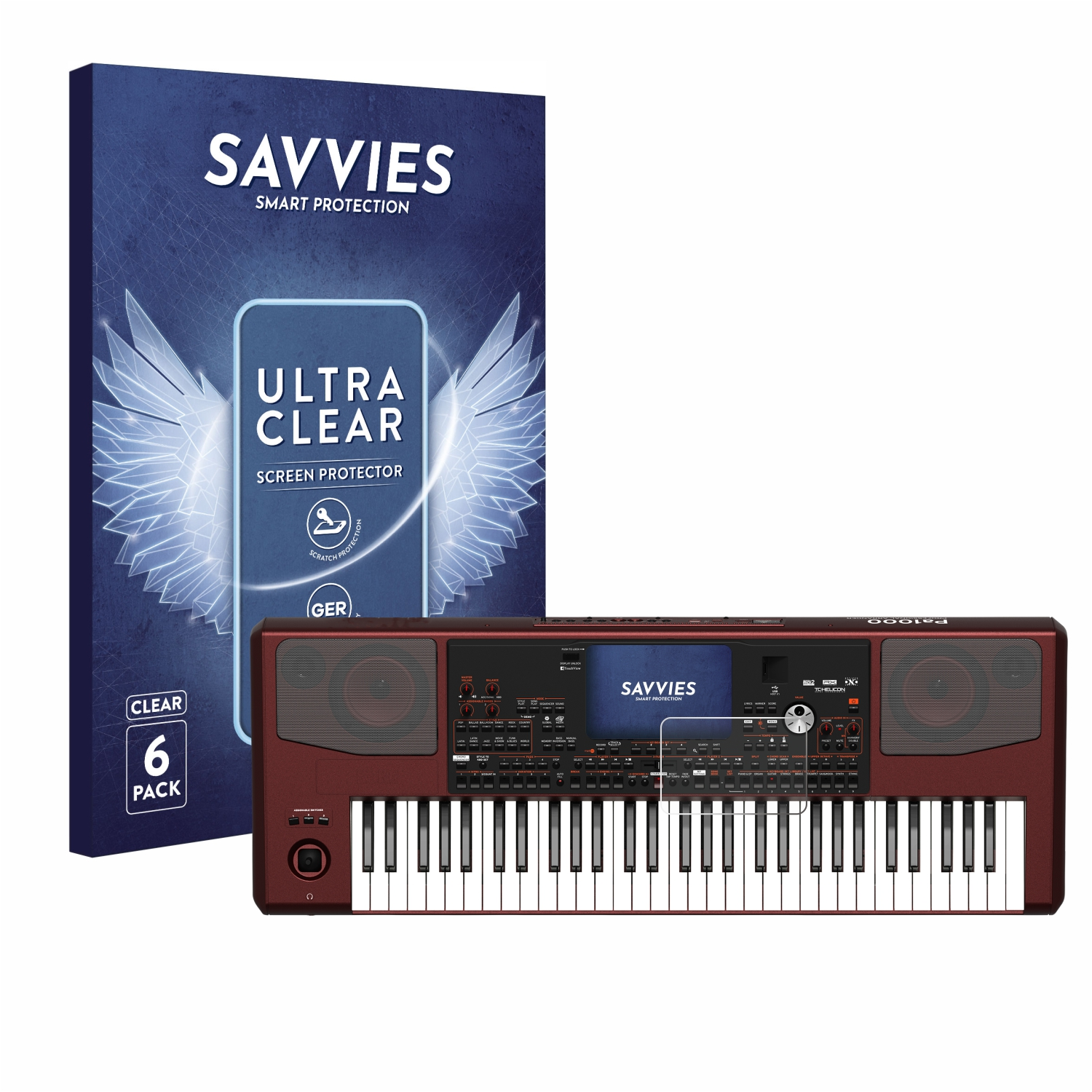 Rote Tastatur mit Displayschutzfolie und Verpackung. Dunkelblaue Box mit Text.