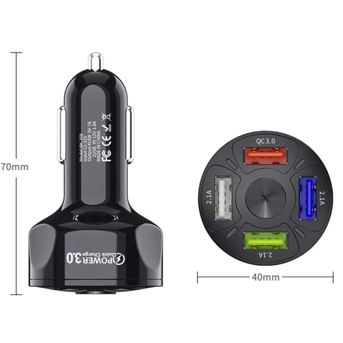 Schwarzes Autoladegerät mit mehreren USB-Anschlüssen, Abmessungen in mm und eine Draufsicht auf das Ladegerät.