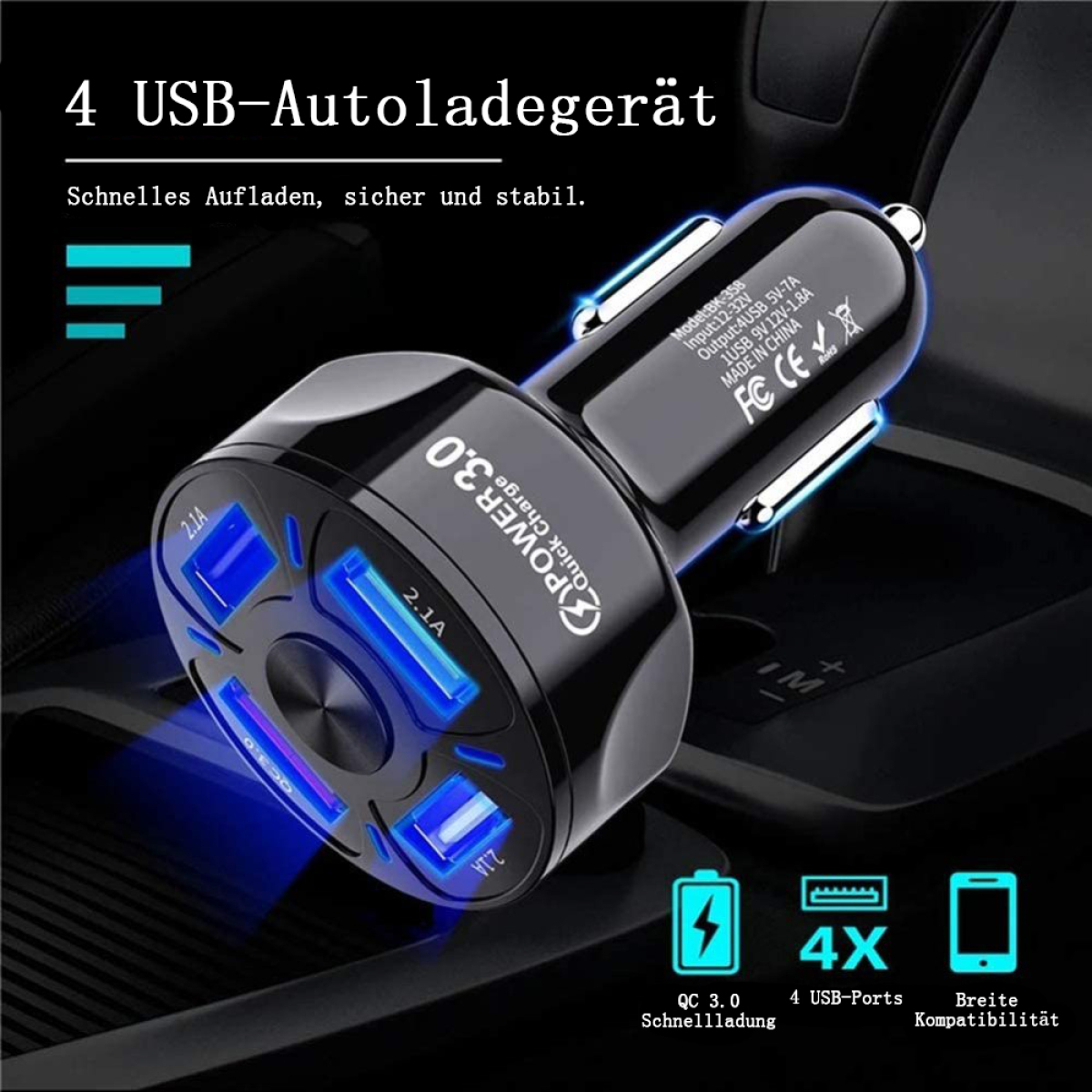 Ein schwarzes USB-Autoladegerät mit 4 USB-Anschlüssen und blauen Lichtern.