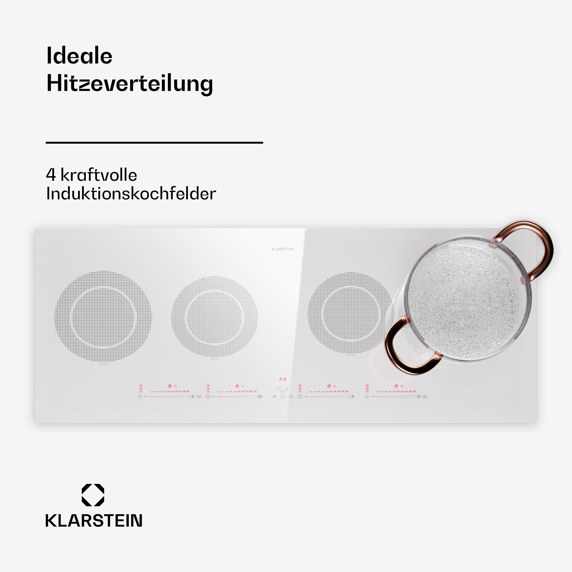 Placa de inducción blanca con tres zonas de cocción y una olla, vista superior.