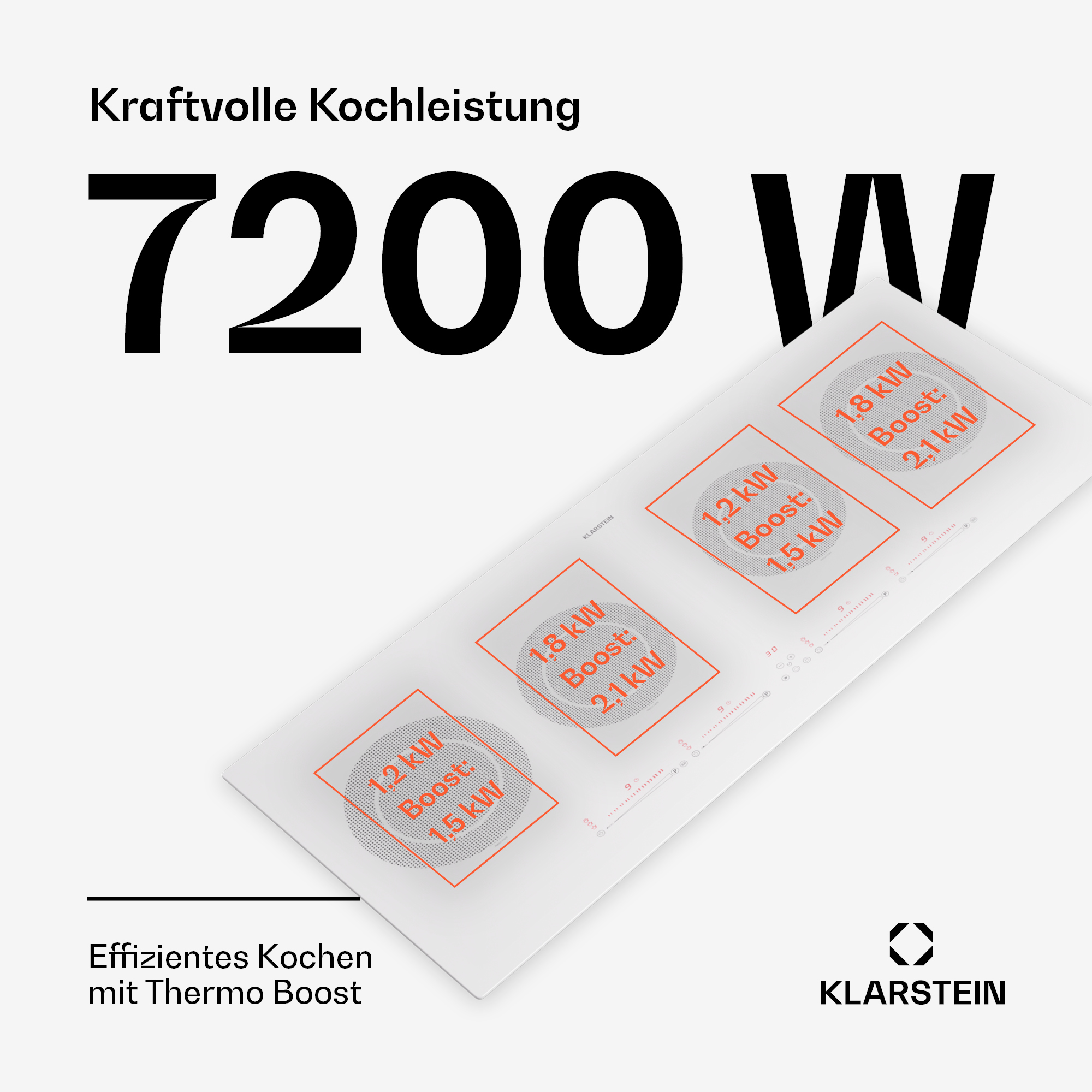 Placa de inducción blanca con 3 zonas de cocción, texto que indica la potencia. Texto en negrita: 7200W, con logo Klarstein.