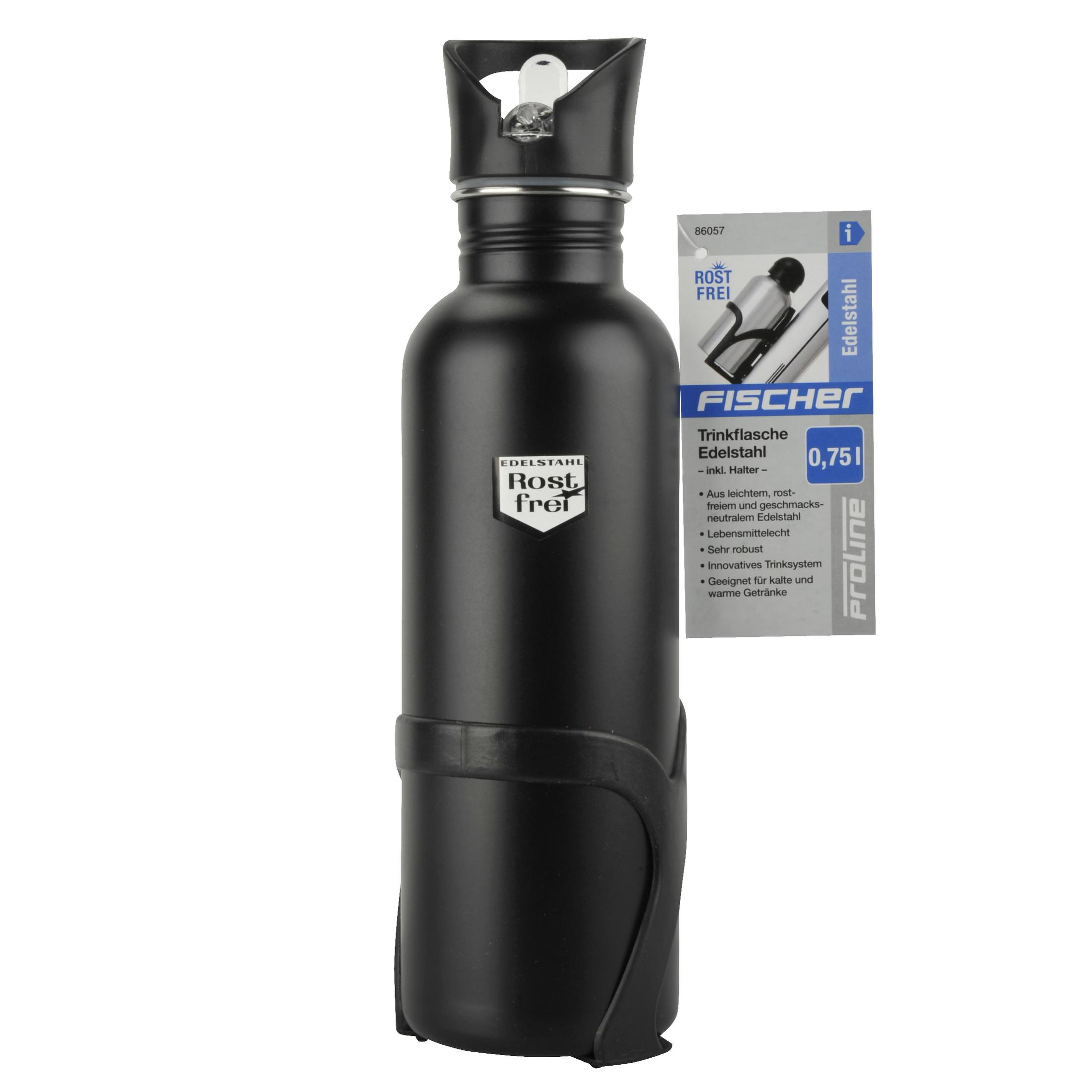 Eine schwarze Edelstahl-Wasserflasche mit schwarzem Halter und Produktbeschreibungs-Karte.