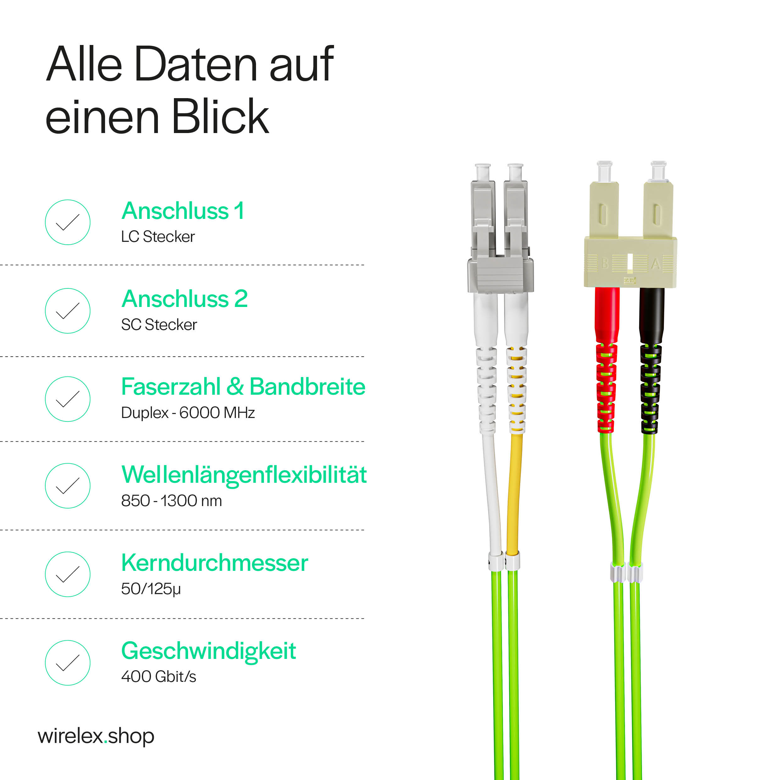 Detaillierte Ansicht von Glasfaserkabeln und zugehörigen Informationen. Weißer Hintergrund.