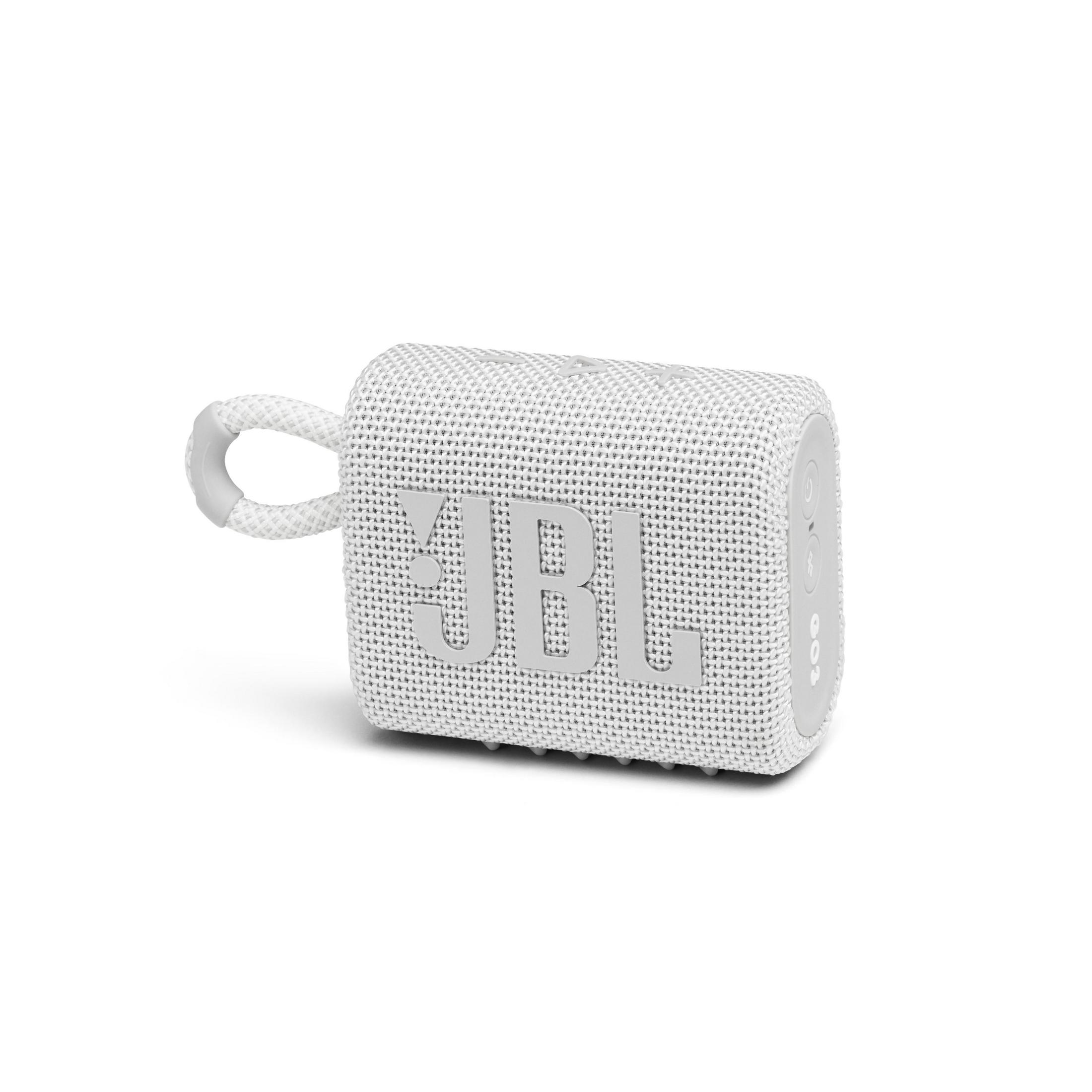 Altavoz blanco JBL Go 3, con un lazo gris. El fondo es blanco.