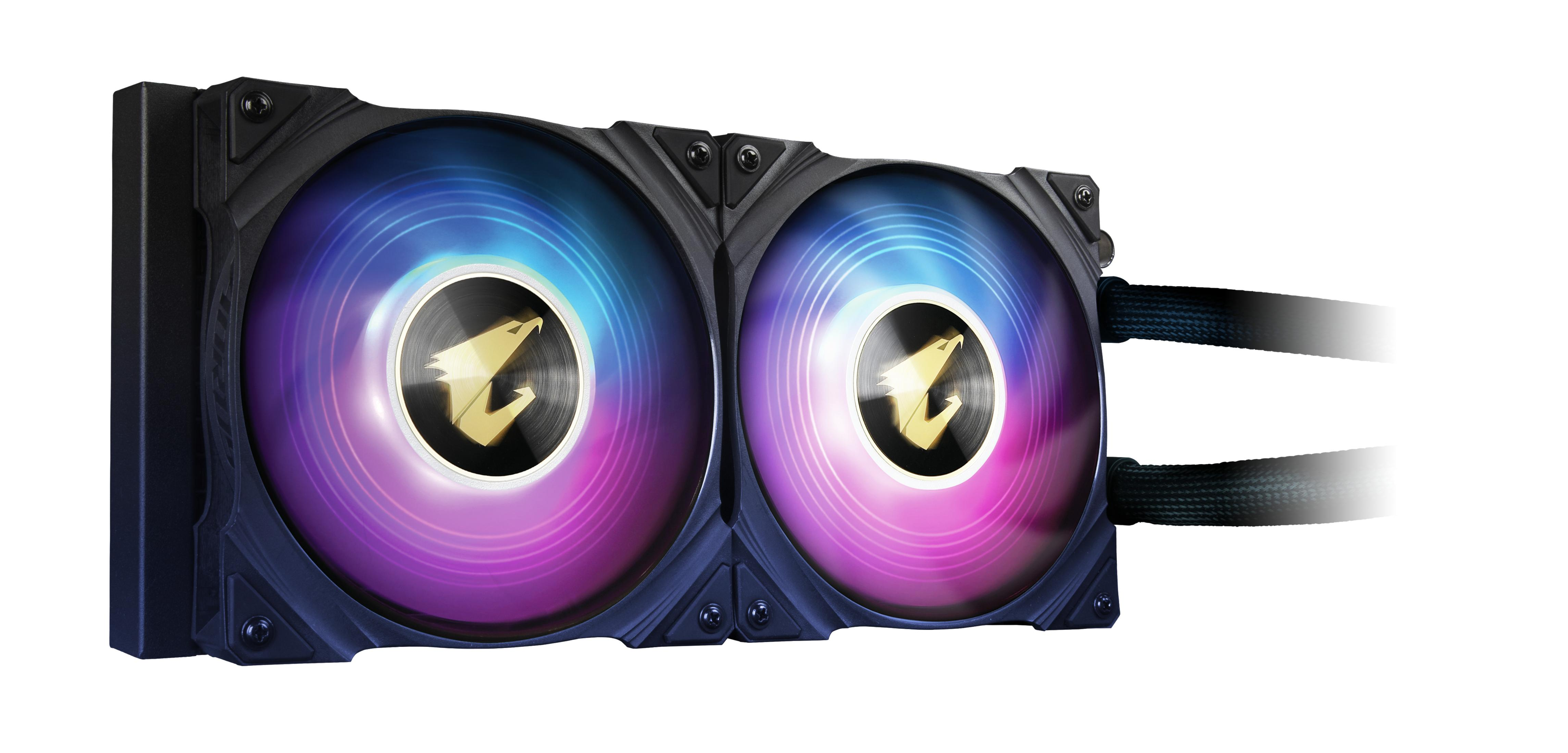 Dissipatore a liquido con due ventole illuminate che mostrano un logo.