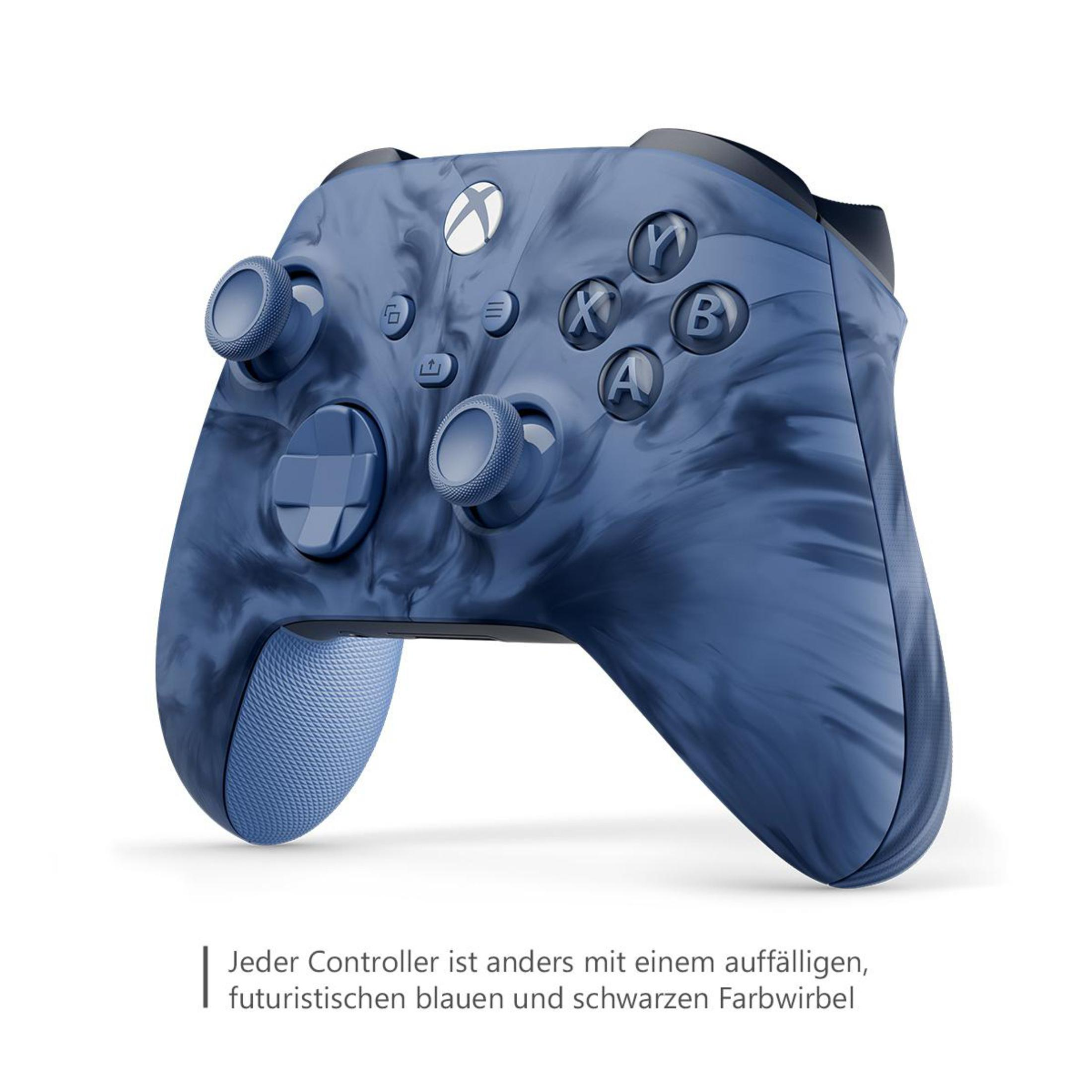Blauer Xbox-Controller mit Wirbelmuster. Tasten und Sticks sind sichtbar.