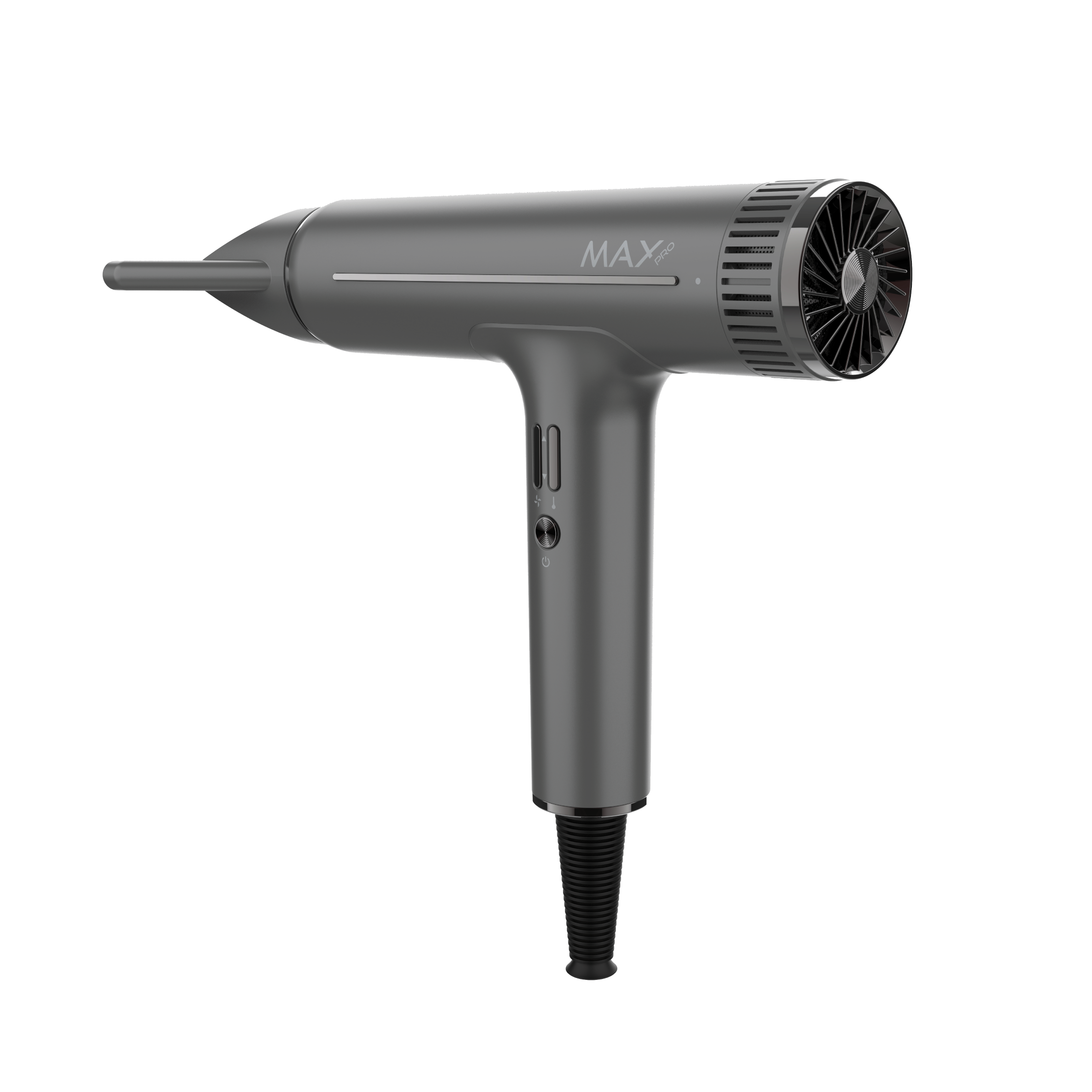 A gray hairdryer. The handle has buttons and an air intake. The background is white.