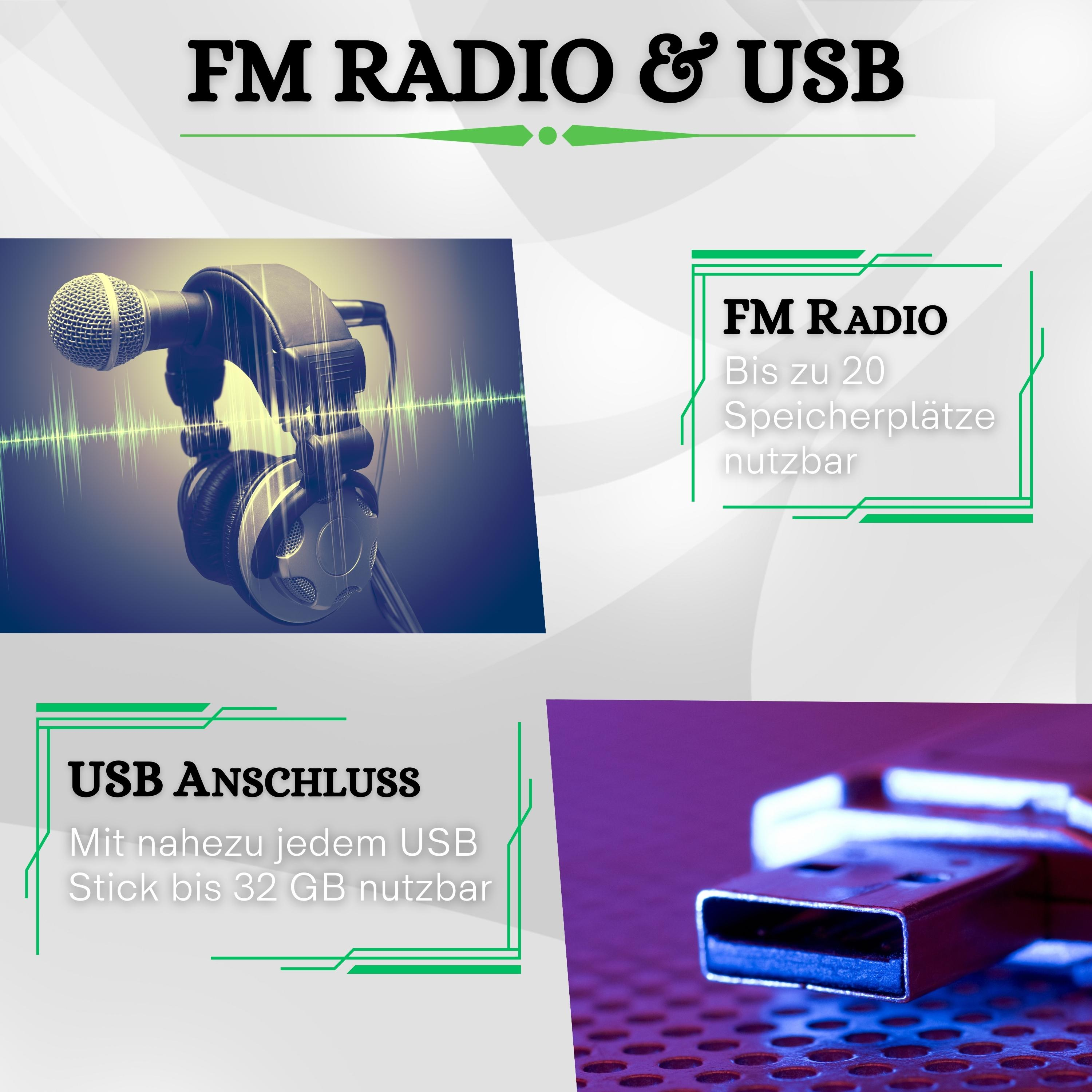 Bild zeigt UKW-Radio- und USB-Funktionen. Kopfhörer und Mikrofon links. USB-Anschluss und Stick rechts.