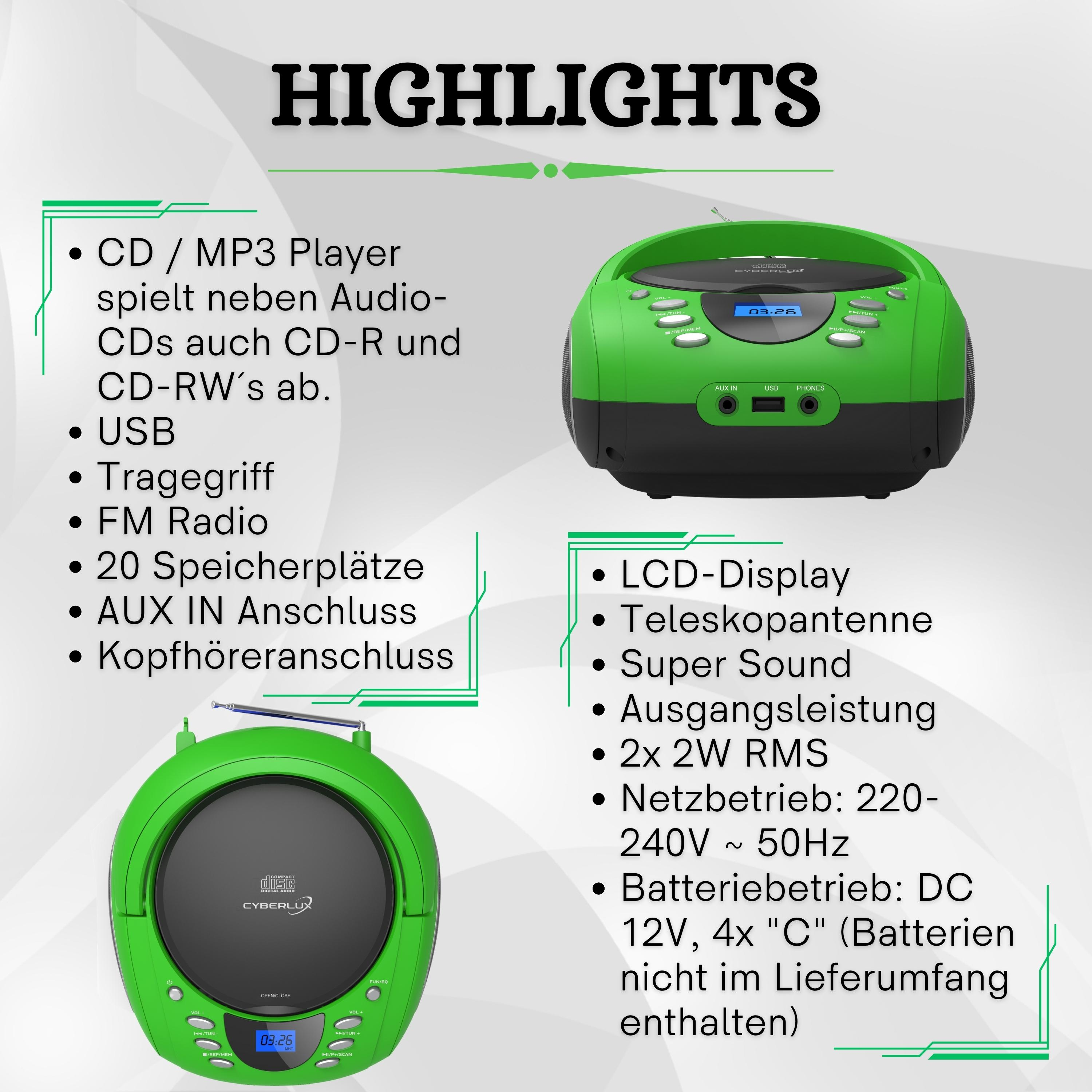 Grüner und schwarzer CD/MP3-Player mit hervorgehobenen Funktionen.