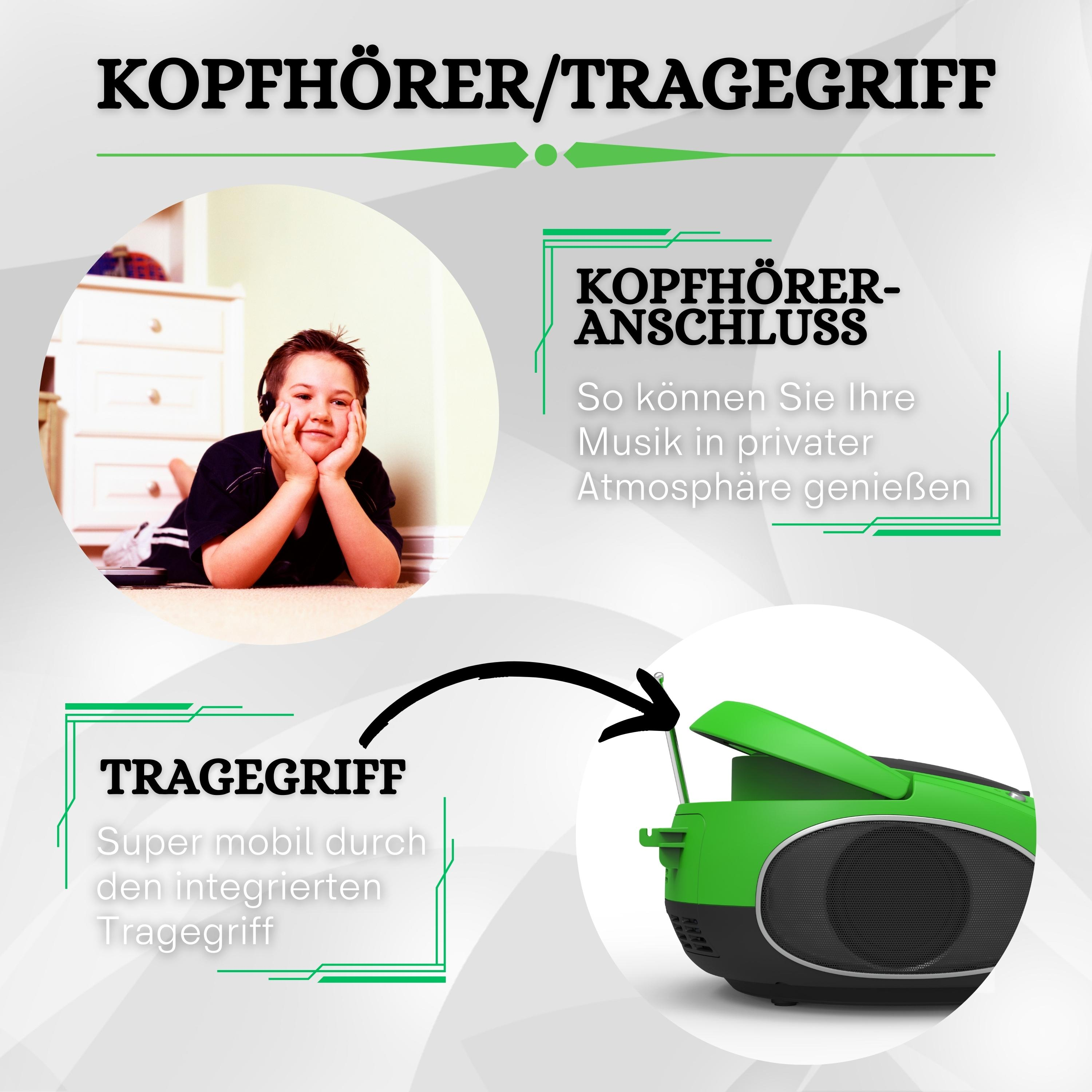 Junge liegt mit Kopfhörern auf dem Boden. Text weist auf Kopfhöreranschluss und Tragegriff hin.