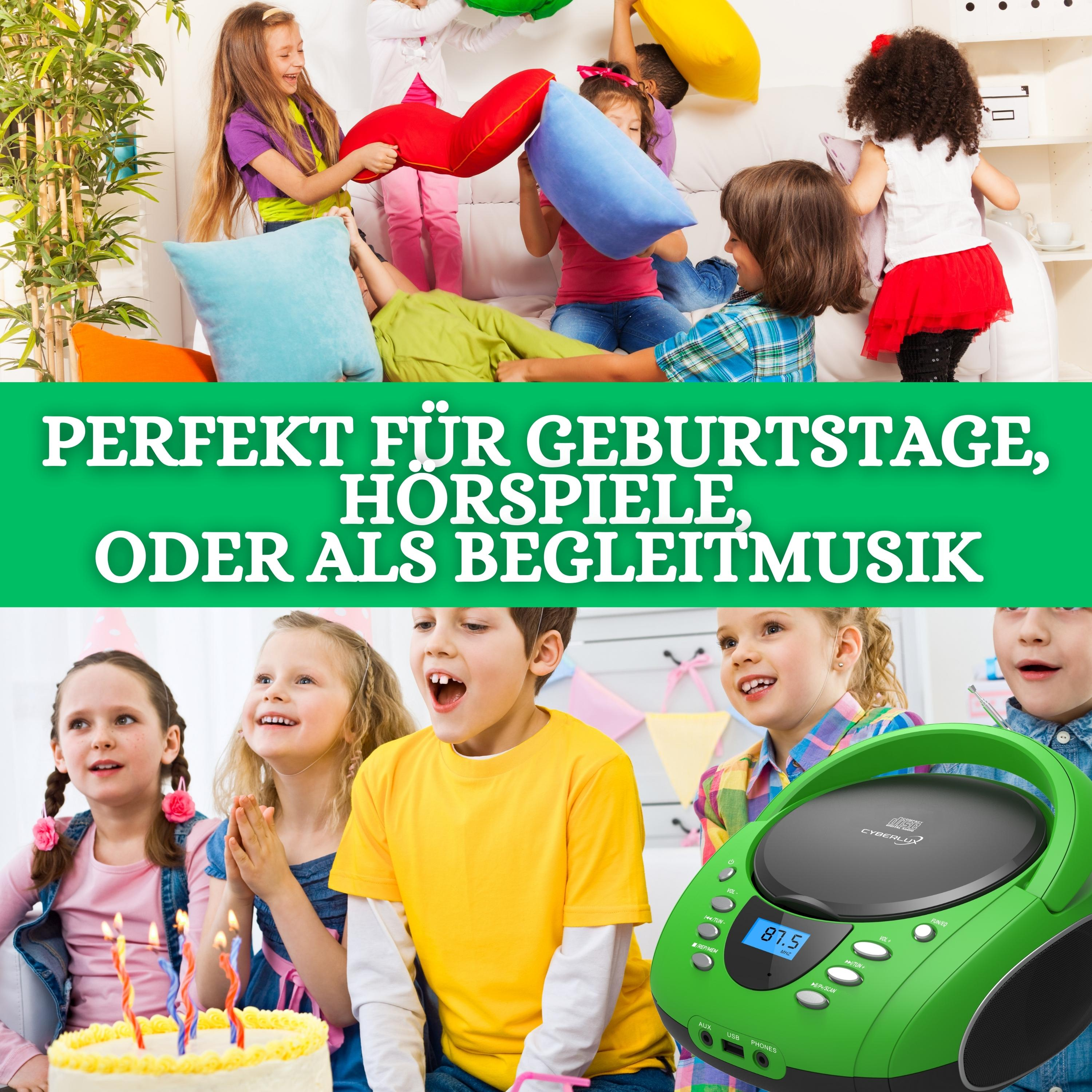 Kinder um einen Tisch mit Kuchen und einem grünen Radio. Text: Perfekt für Geburtstage oder Musik.