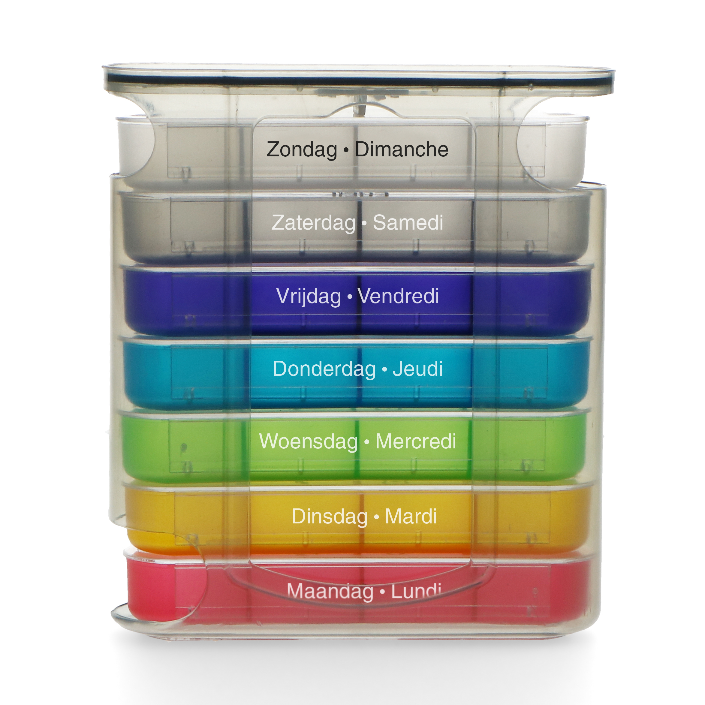 Een pillenorganizer met compartimenten die voor elke dag van de week in twee talen zijn gelabeld.