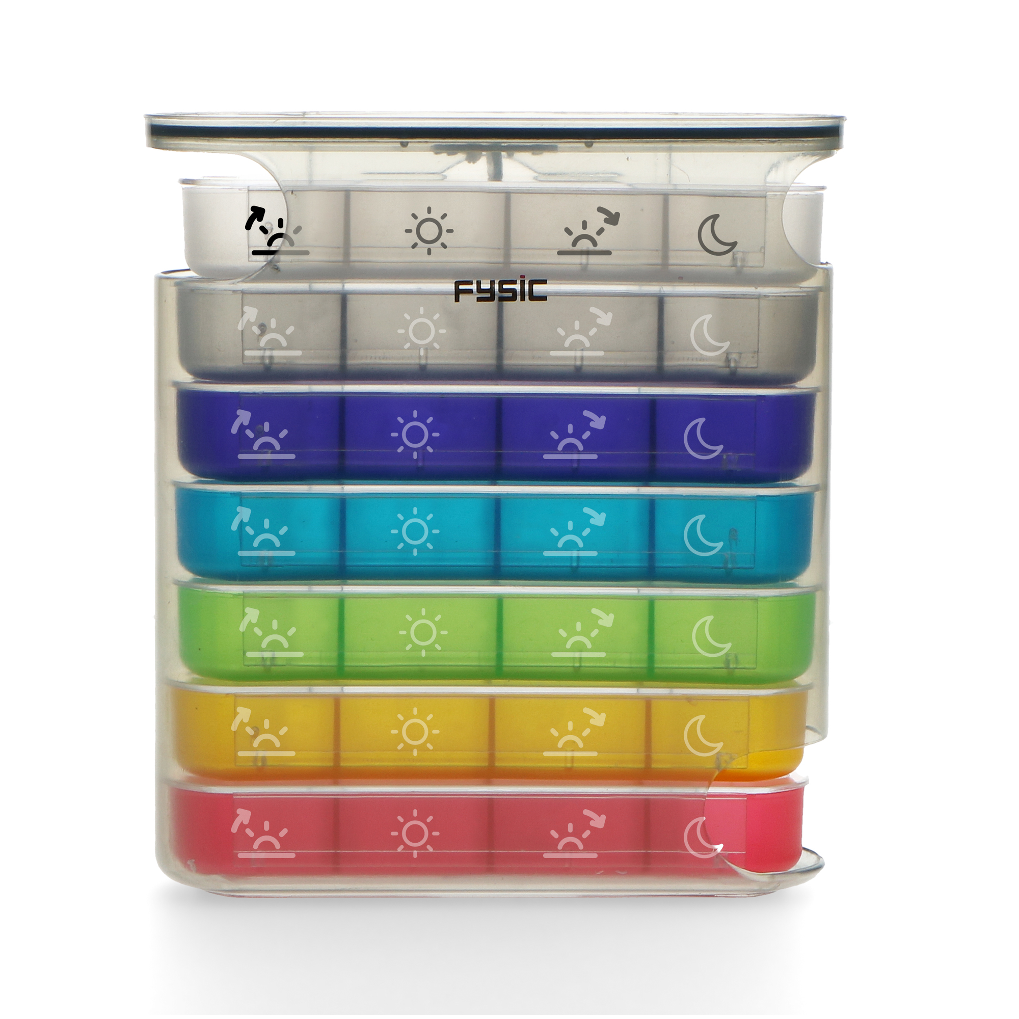 Een kleurrijke pillenorganizer met compartimenten die zijn gelabeld voor verschillende tijdstippen.