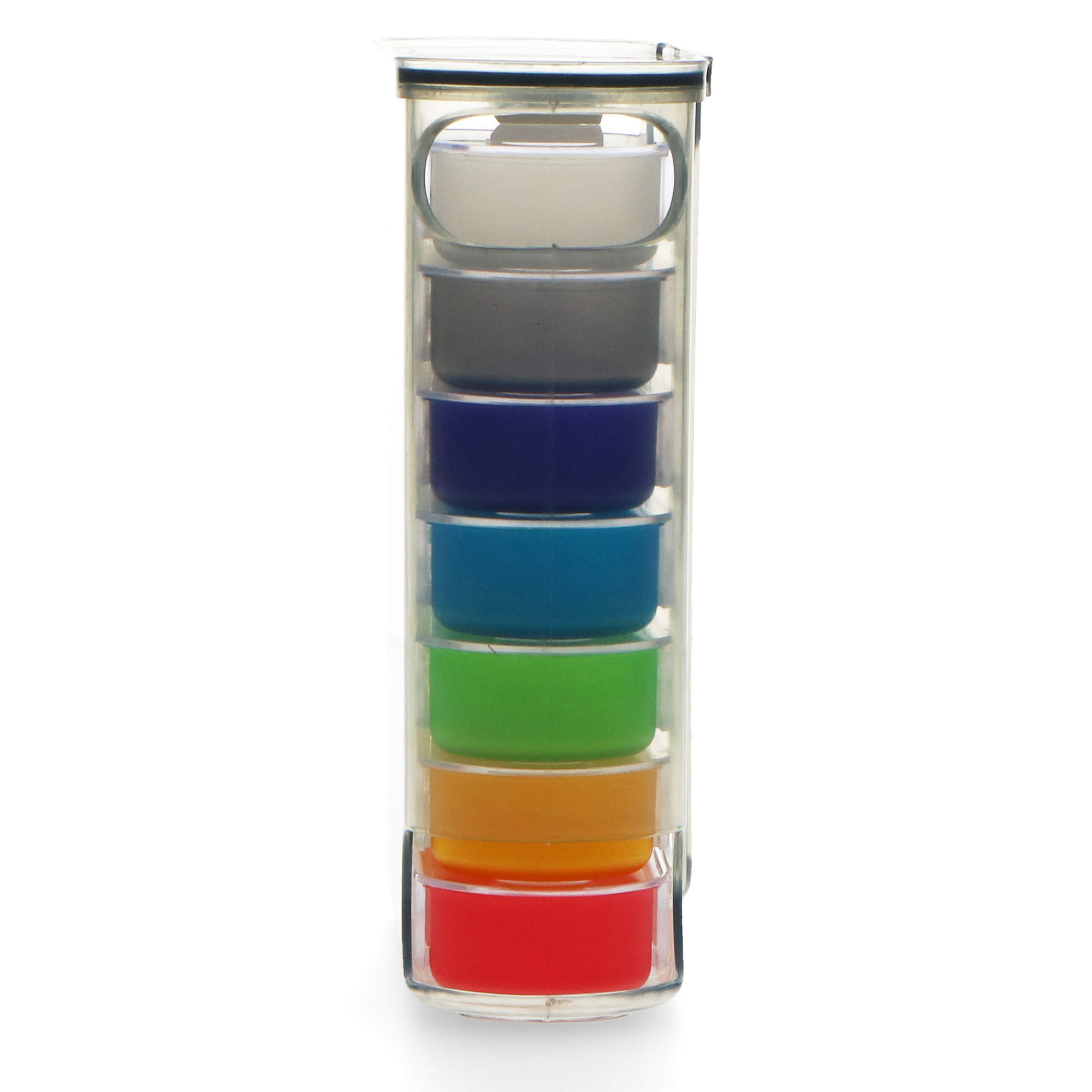 Een doorzichtige, verticale container met gekleurde compartimenten. Kleuren: wit, grijs, blauw, etc.
