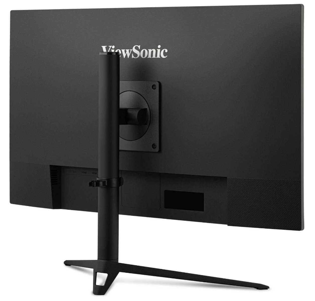 Tył czarnego monitora z logo ViewSonic, podstawką i portami.