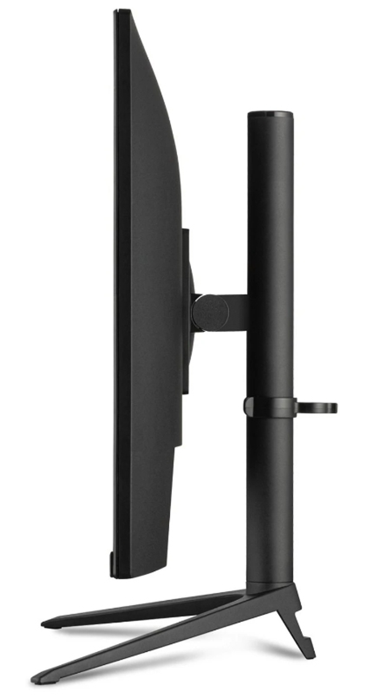 Widok z boku czarnego monitora. Czarny stojak. Białe tło.