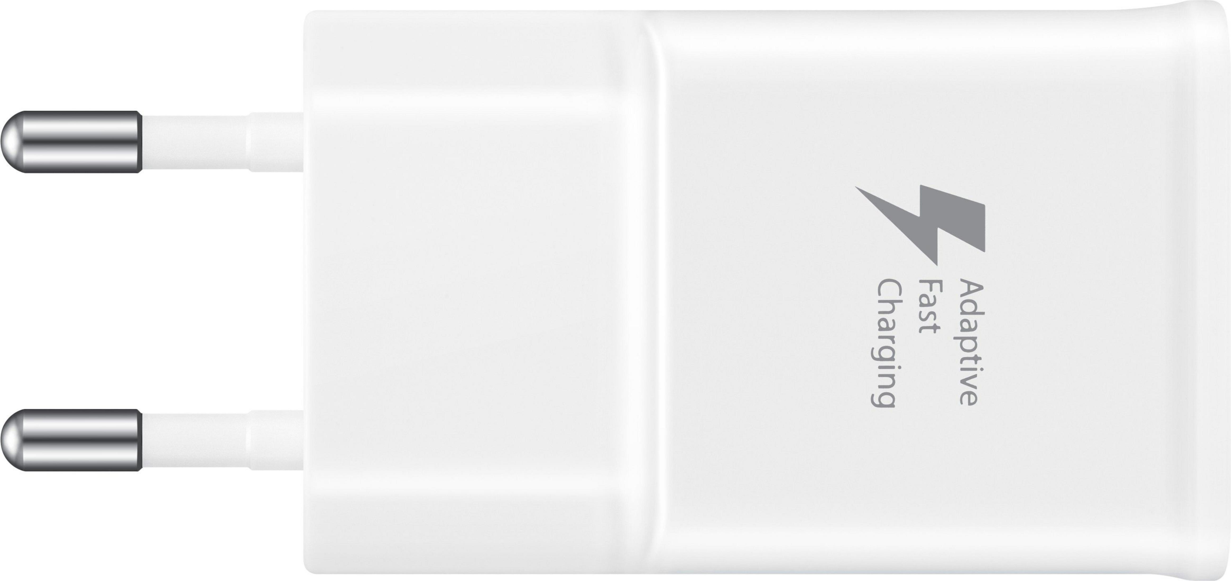 Witte Samsung oplader met bliksemlogo en tekst 'Adaptive Fast Charging'.