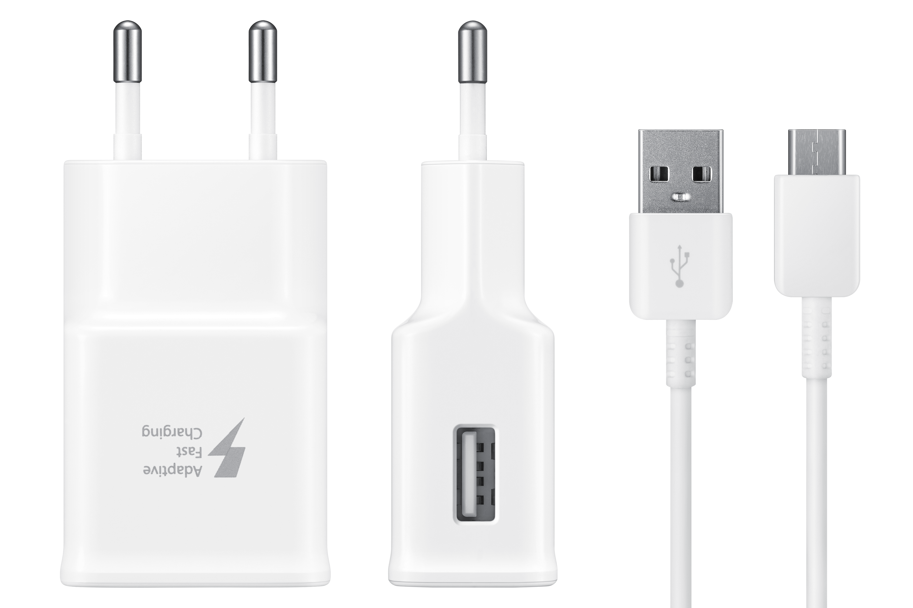 Witte telefoonlader met kabel, zwarte achtergrond.