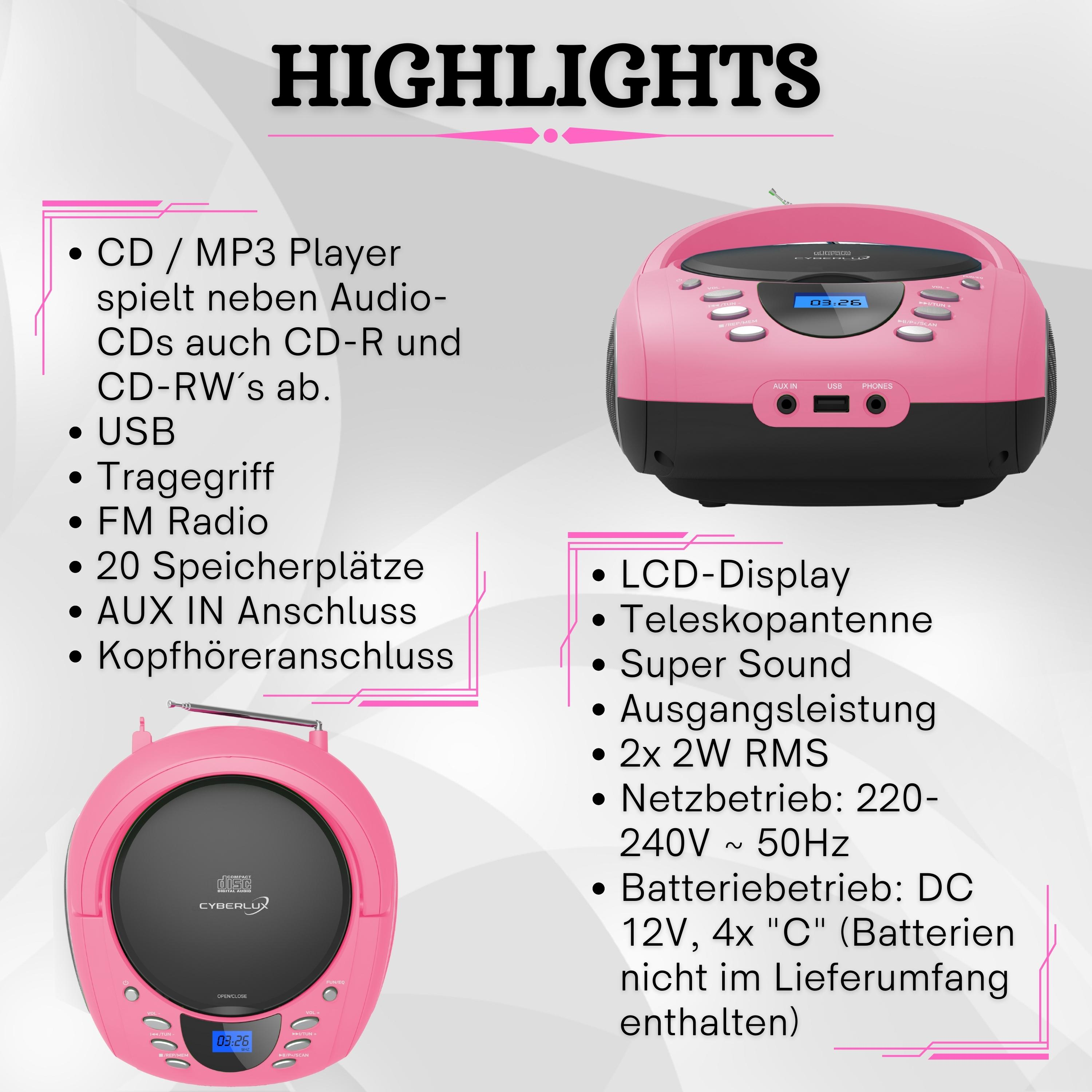 Eine pinkfarbene Boombox mit Display und einer Liste von Funktionen auf der linken Seite.