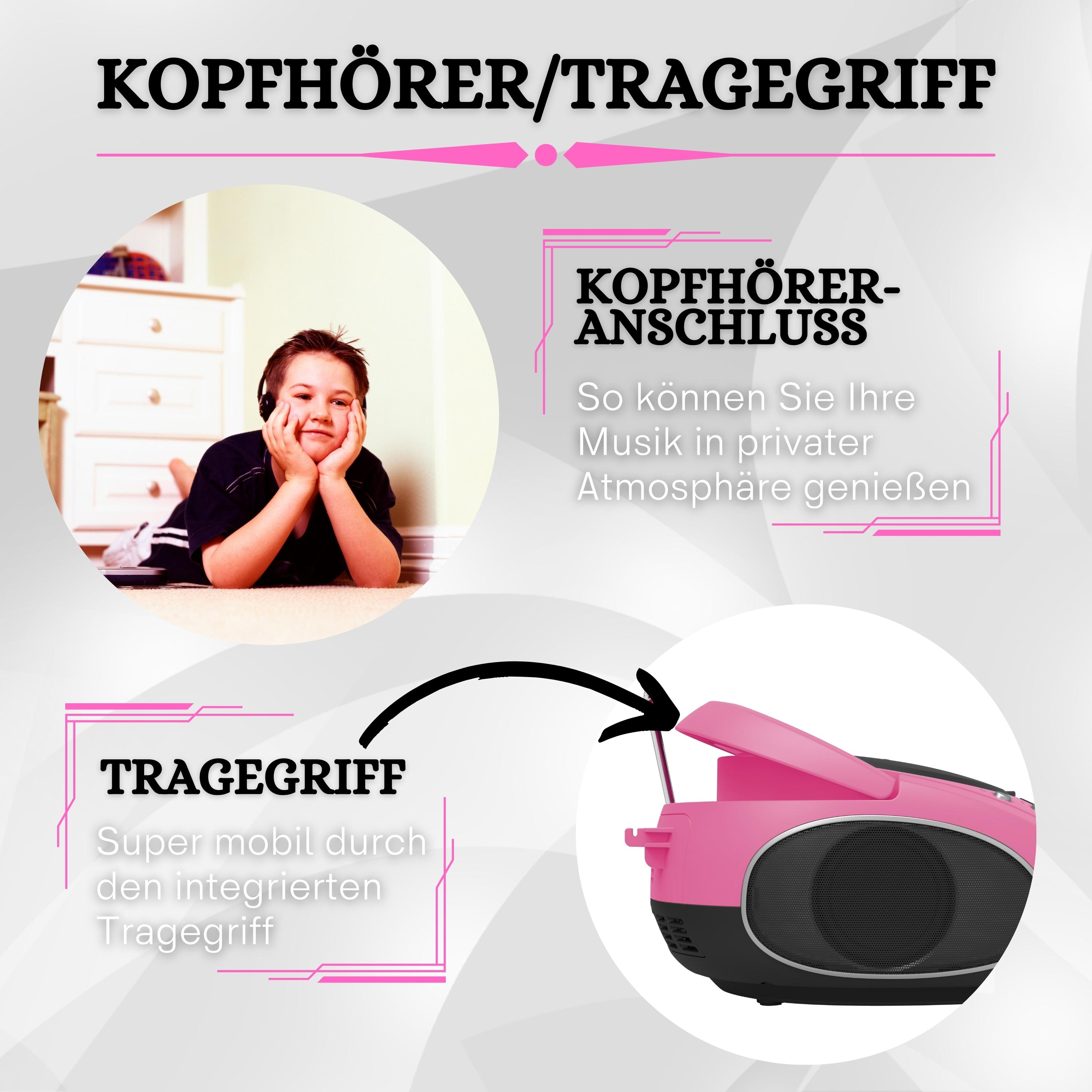 Ein Junge mit Kopfhörern, Produktdetails und eine pinke Boombox werden gezeigt.