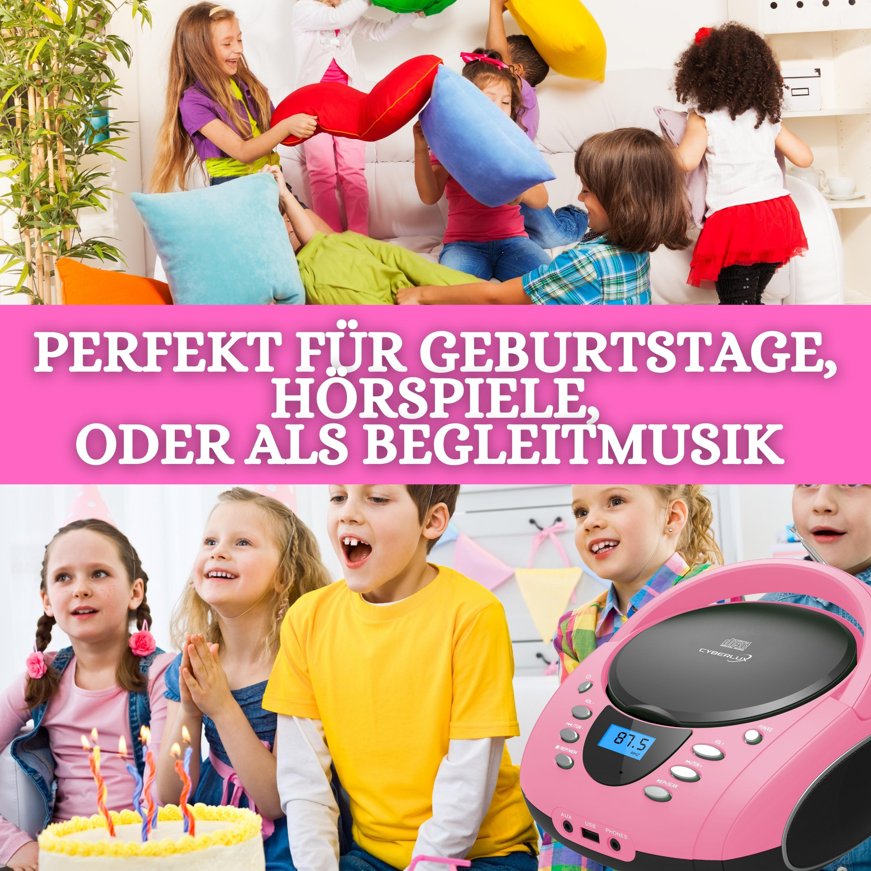 Geburtstagsfeier von Kindern mit Kuchen, Kerzen, pinkem Radio und Kindern. Text: Perfekt für Partys.