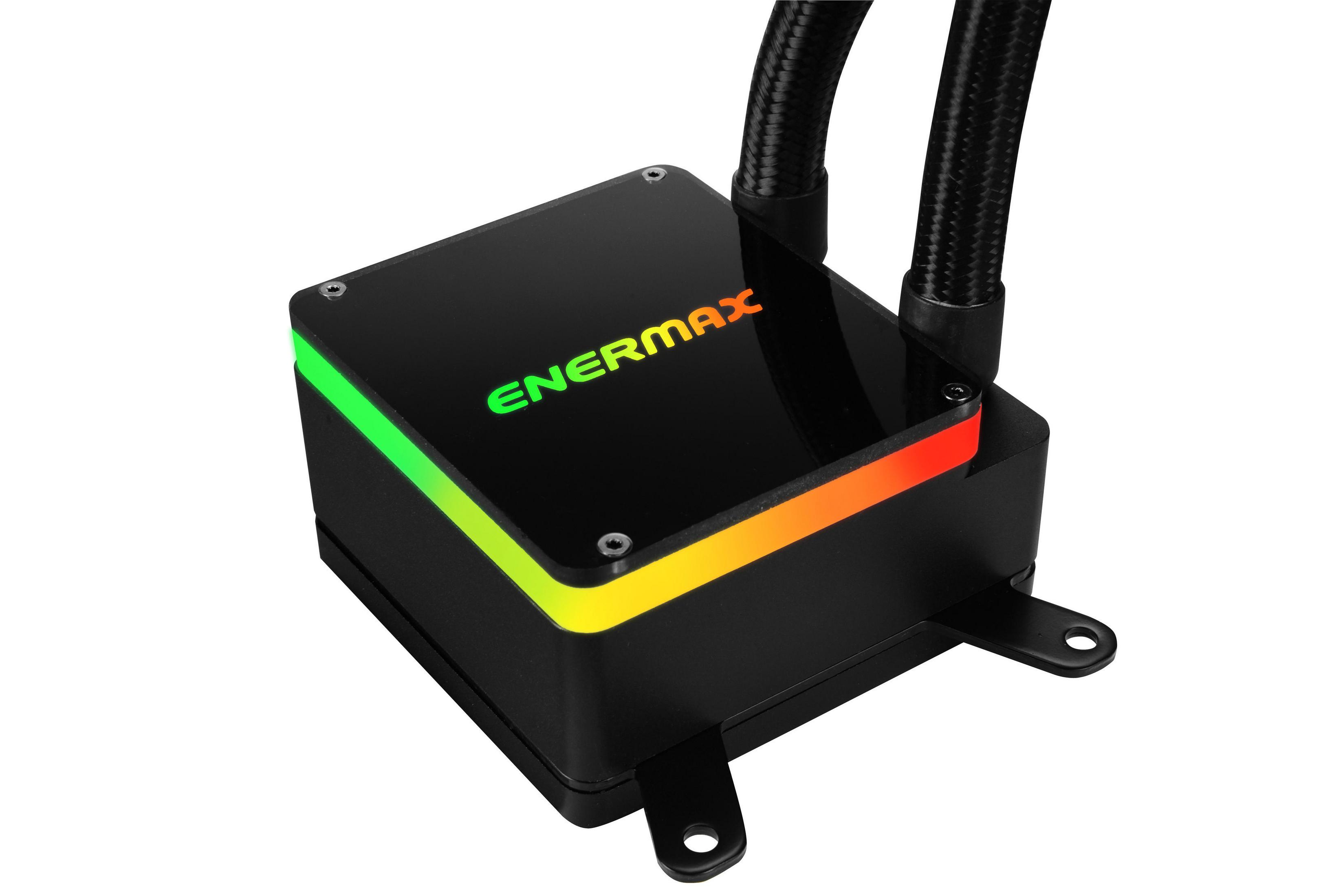 RGB aydınlatmalı siyah sıvı soğutucu. Beyaz bir arka plan üzerinde. Marka Enermax.