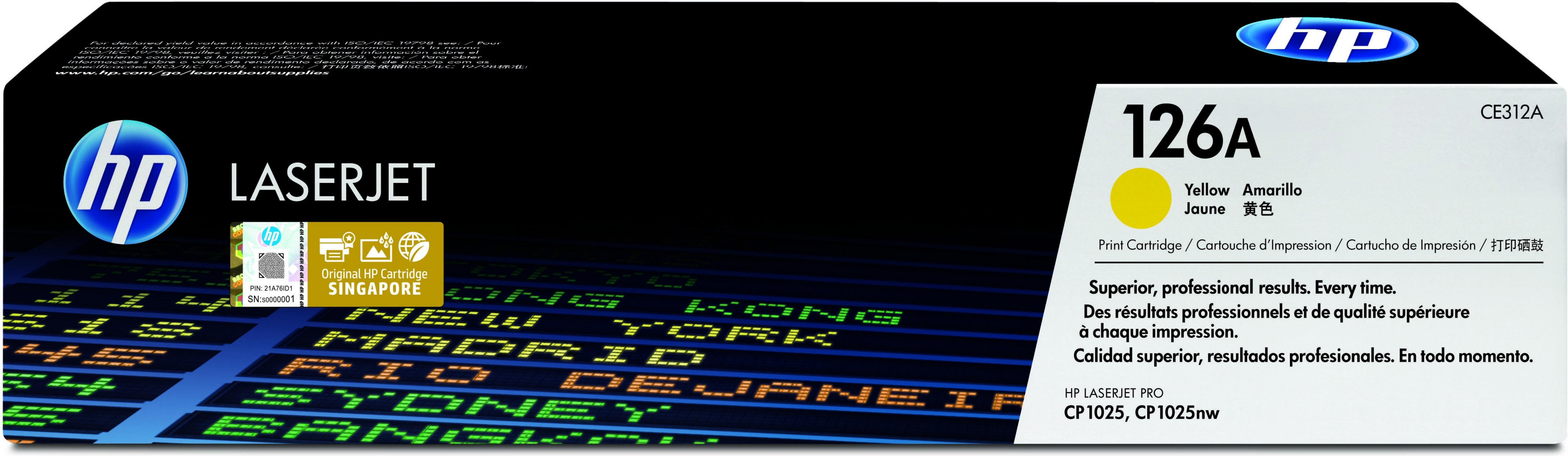 Żółty toner HP 126A, z tłem z nazwami miast.