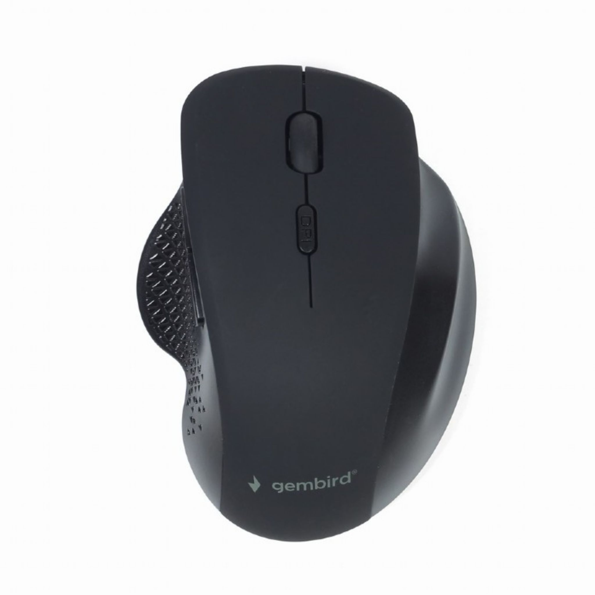 Un mouse ergonomico nero con pulsanti e una rotella di scorrimento su sfondo bianco.