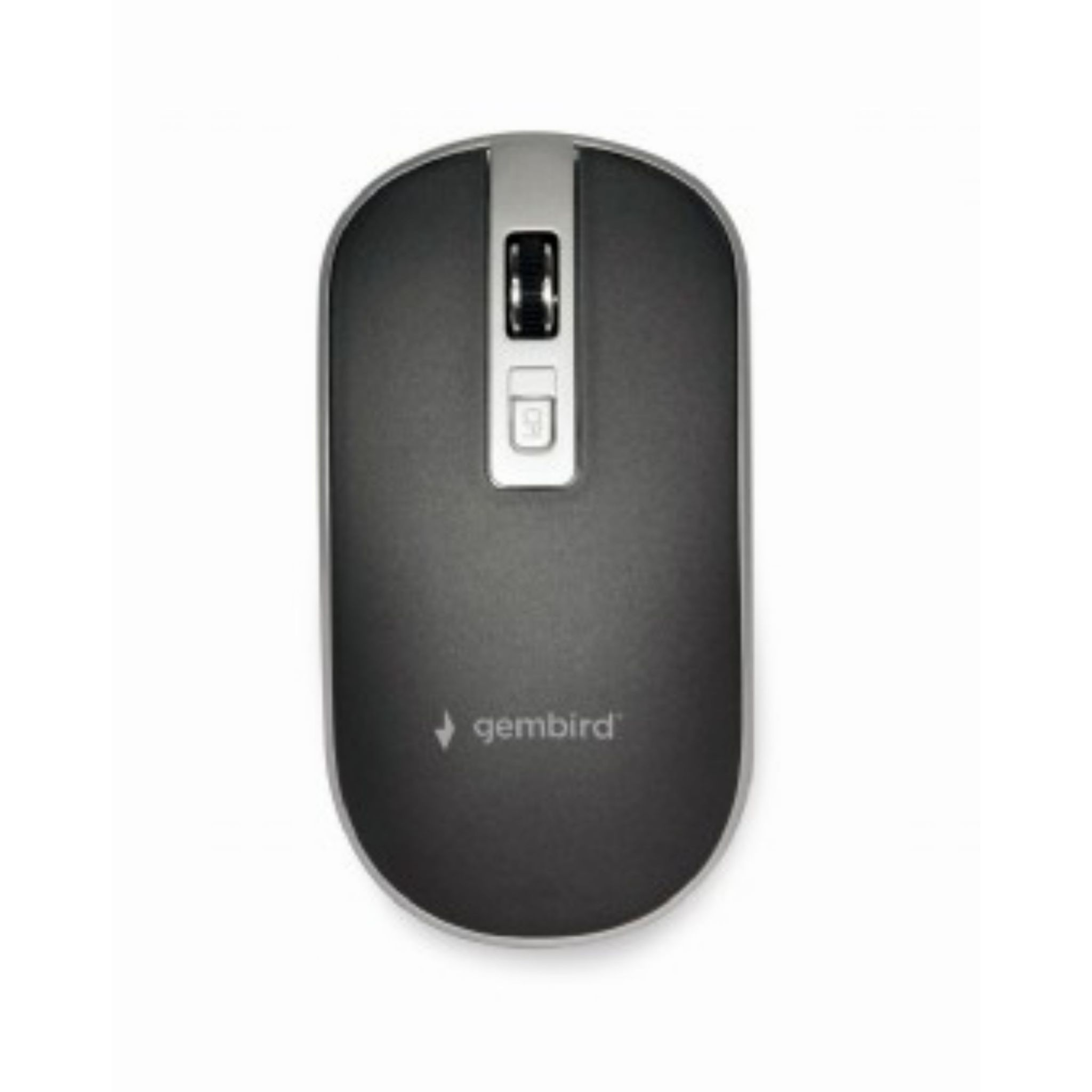 Mouse per computer nero con dettagli argentati, vista dall'alto. Marchio Gembird.