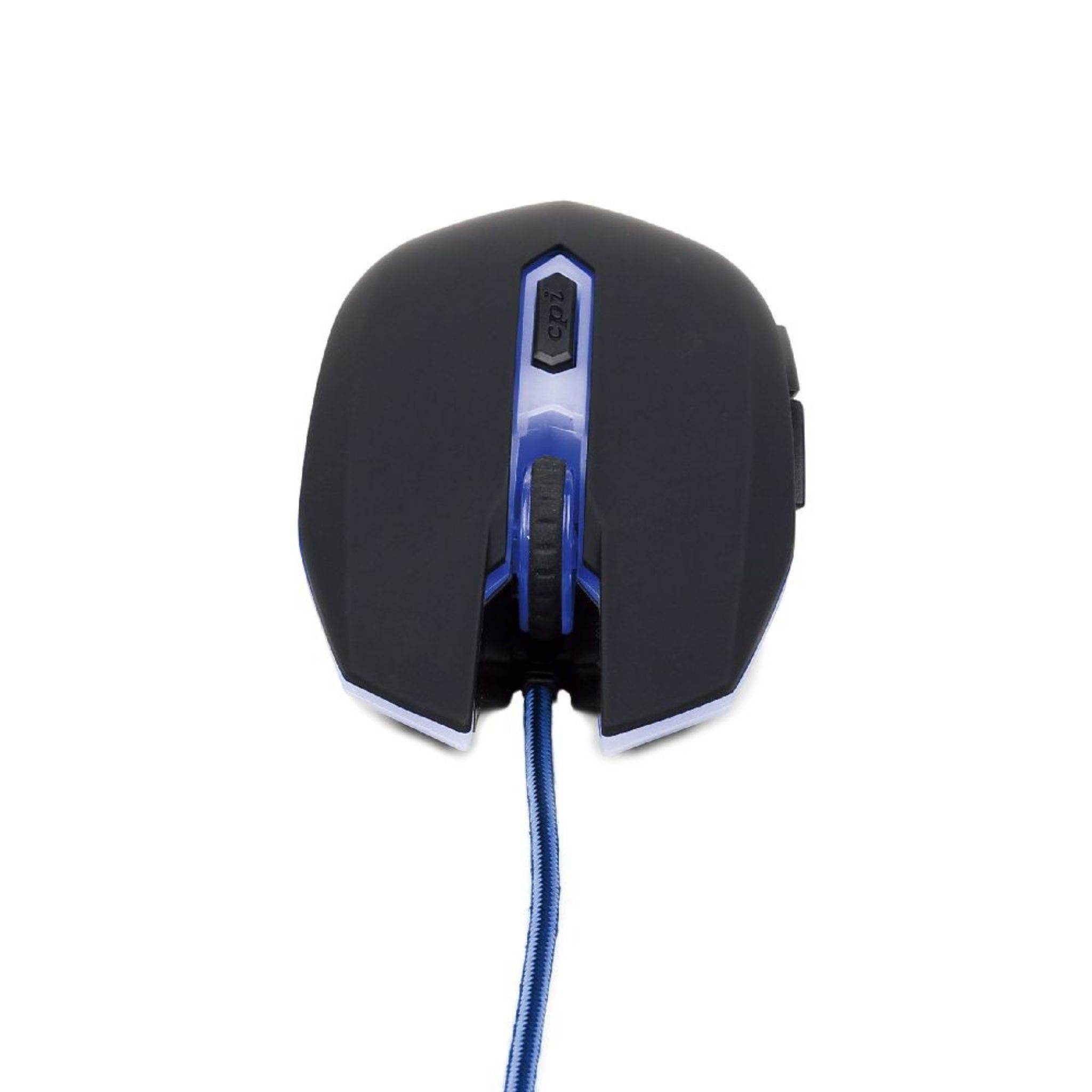 Black gaming mouse. It has a blue scroll wheel and blue accents.