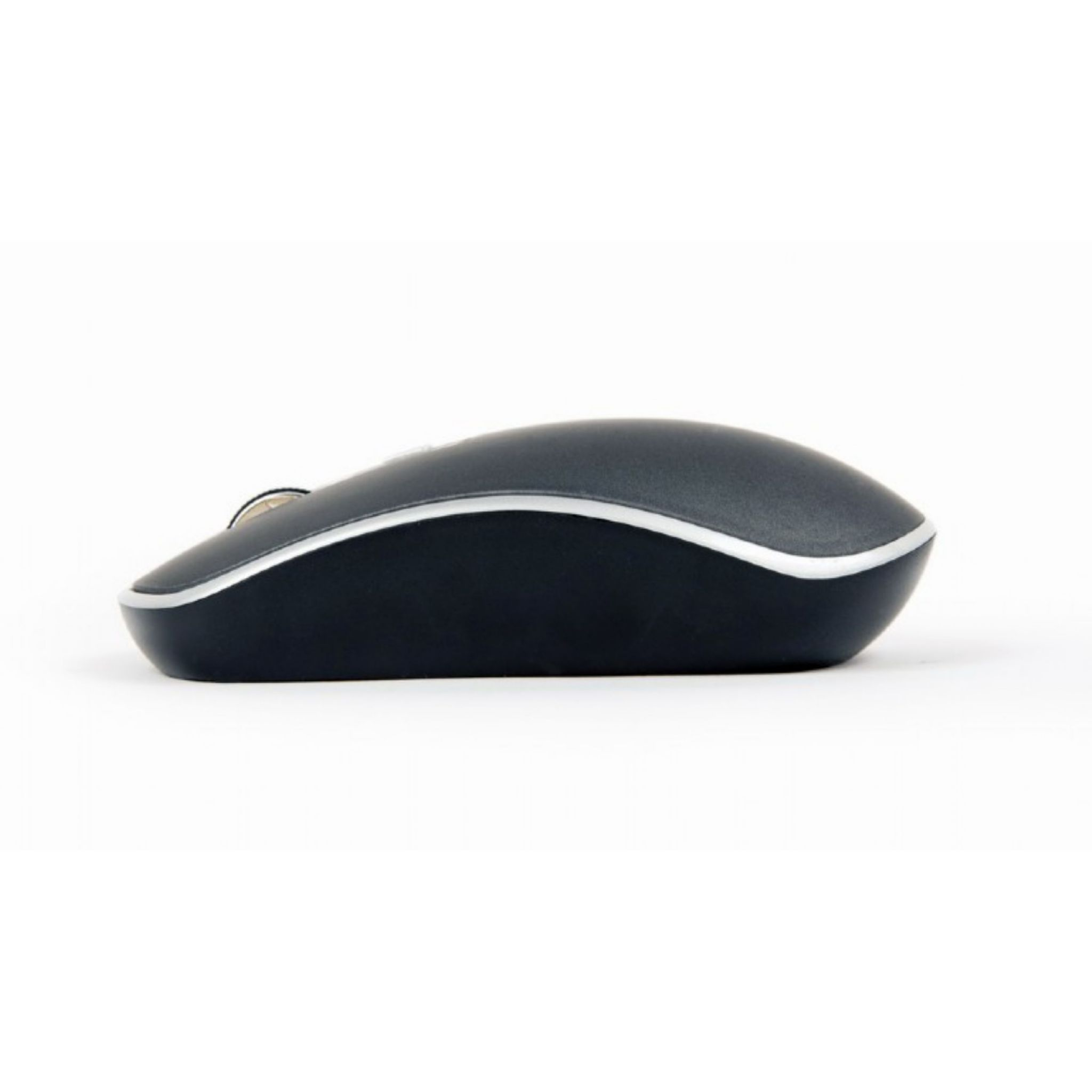 Mouse wireless nero con rifinitura argentata su sfondo bianco. Vista laterale.