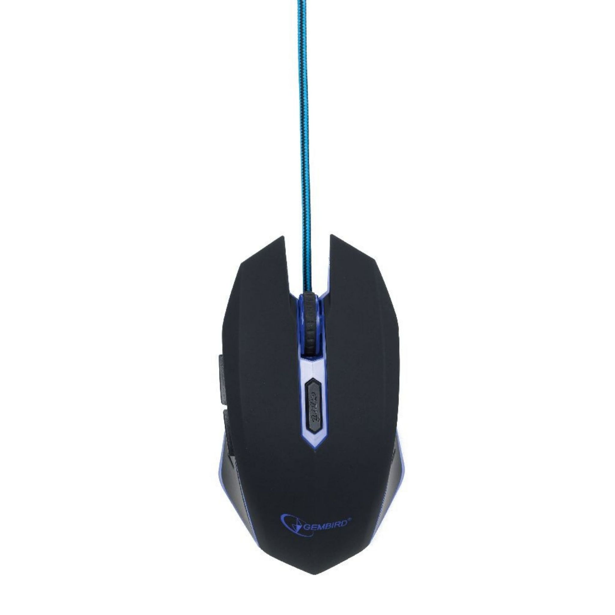 Black gaming mouse with blue accents and a blue cord. The Gembird logo is visible.