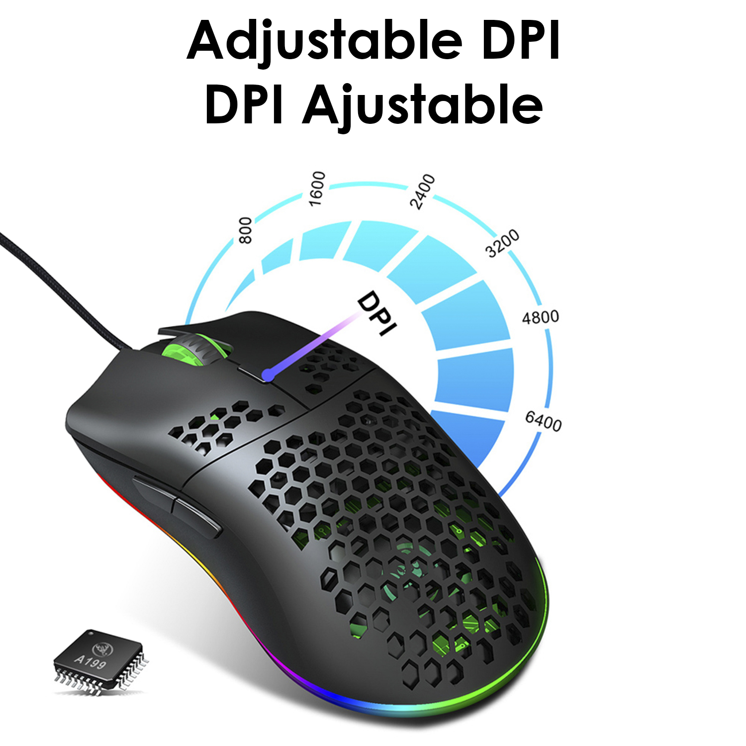 Ratón para juegos negro con diseño de panal. La configuración de DPI se muestra a la derecha.