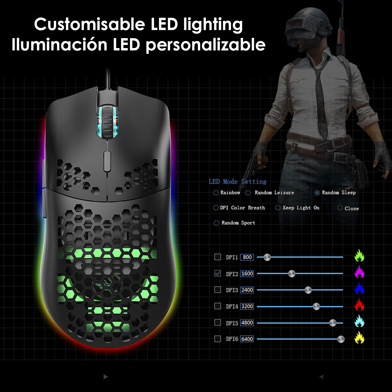 Ratón gaming negro con luces LED y configuraciones.