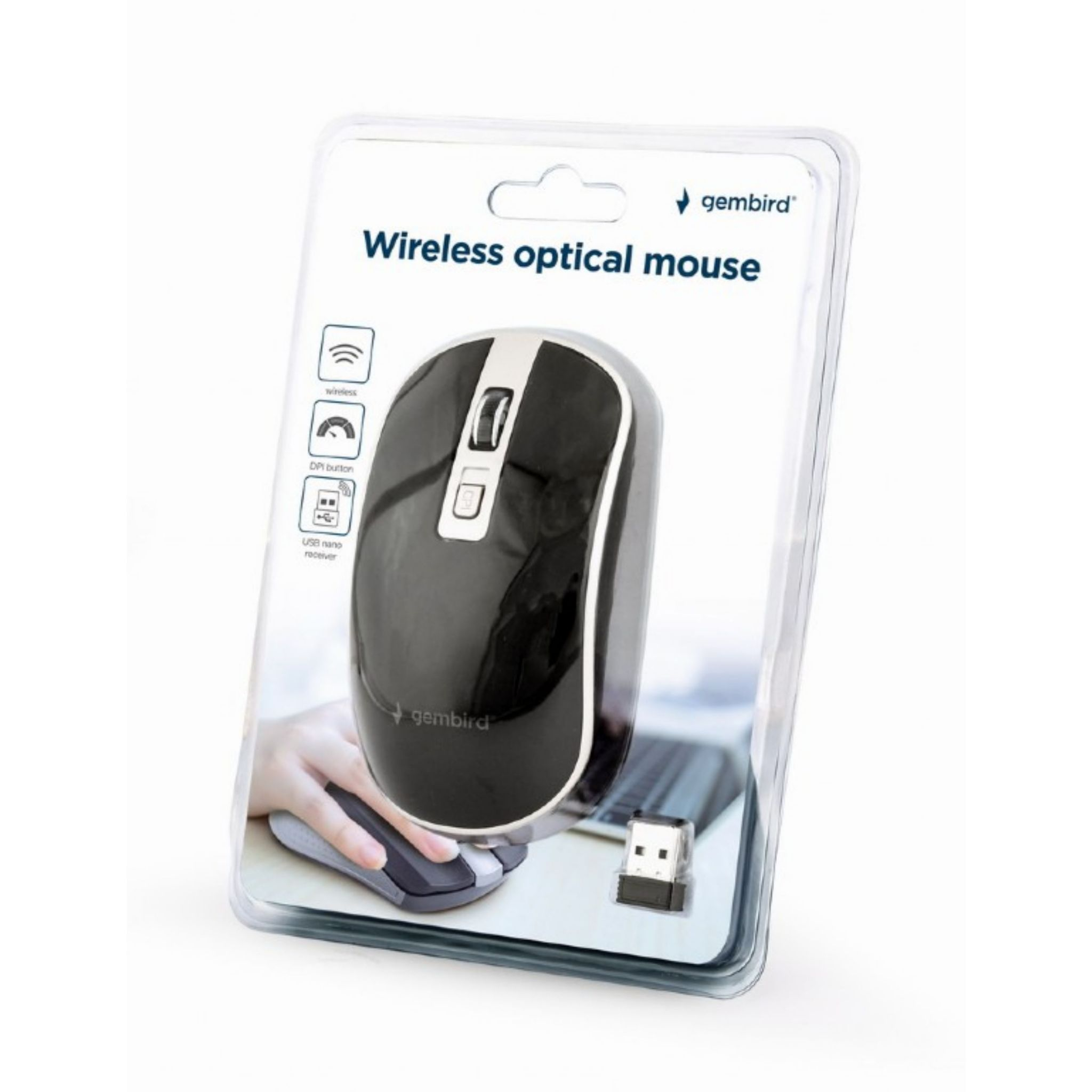 Mouse ottico wireless in una confezione di plastica. Il mouse è nero. La confezione mostra una mano che usa il mouse.