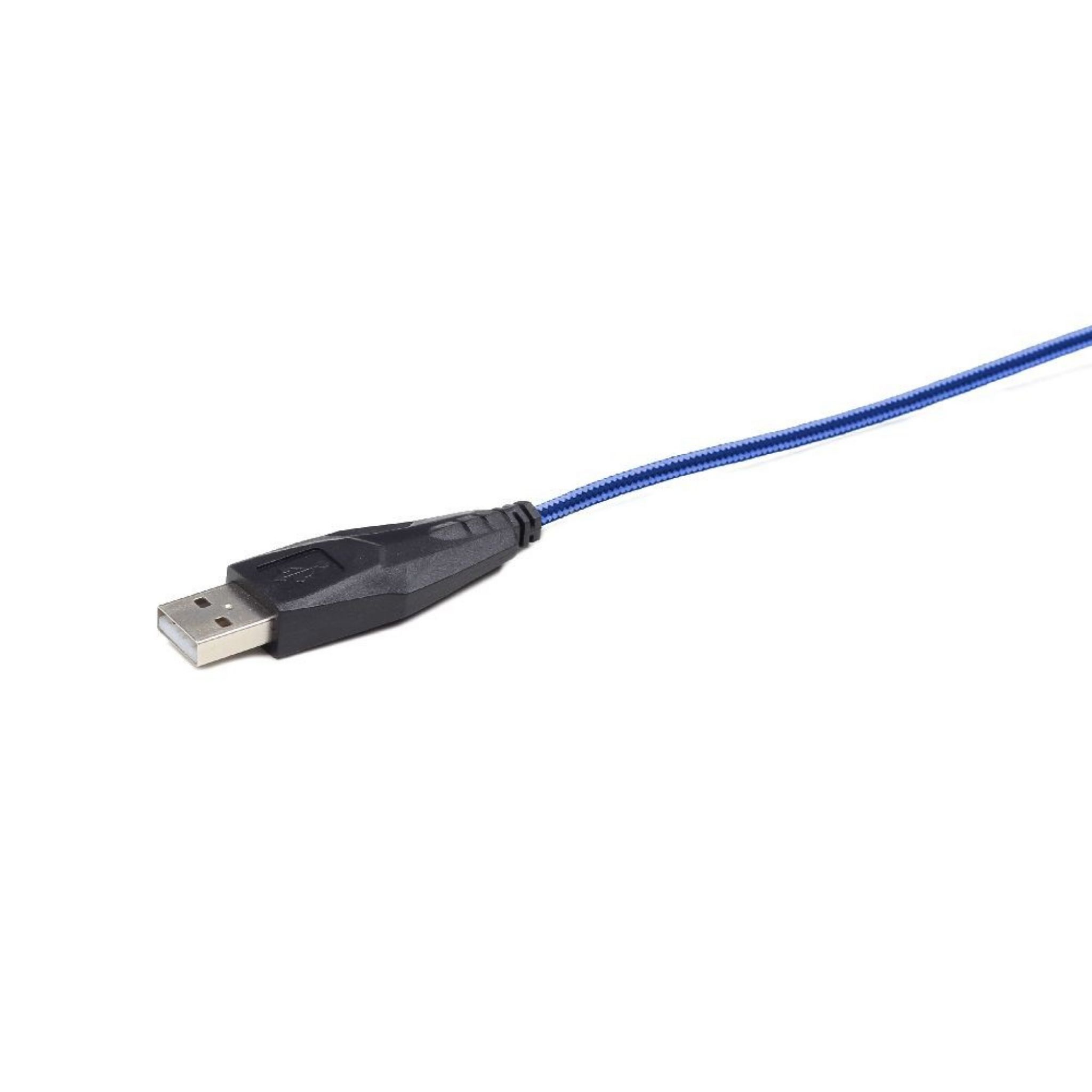 USB cable with black connector and blue braided cable on white background.