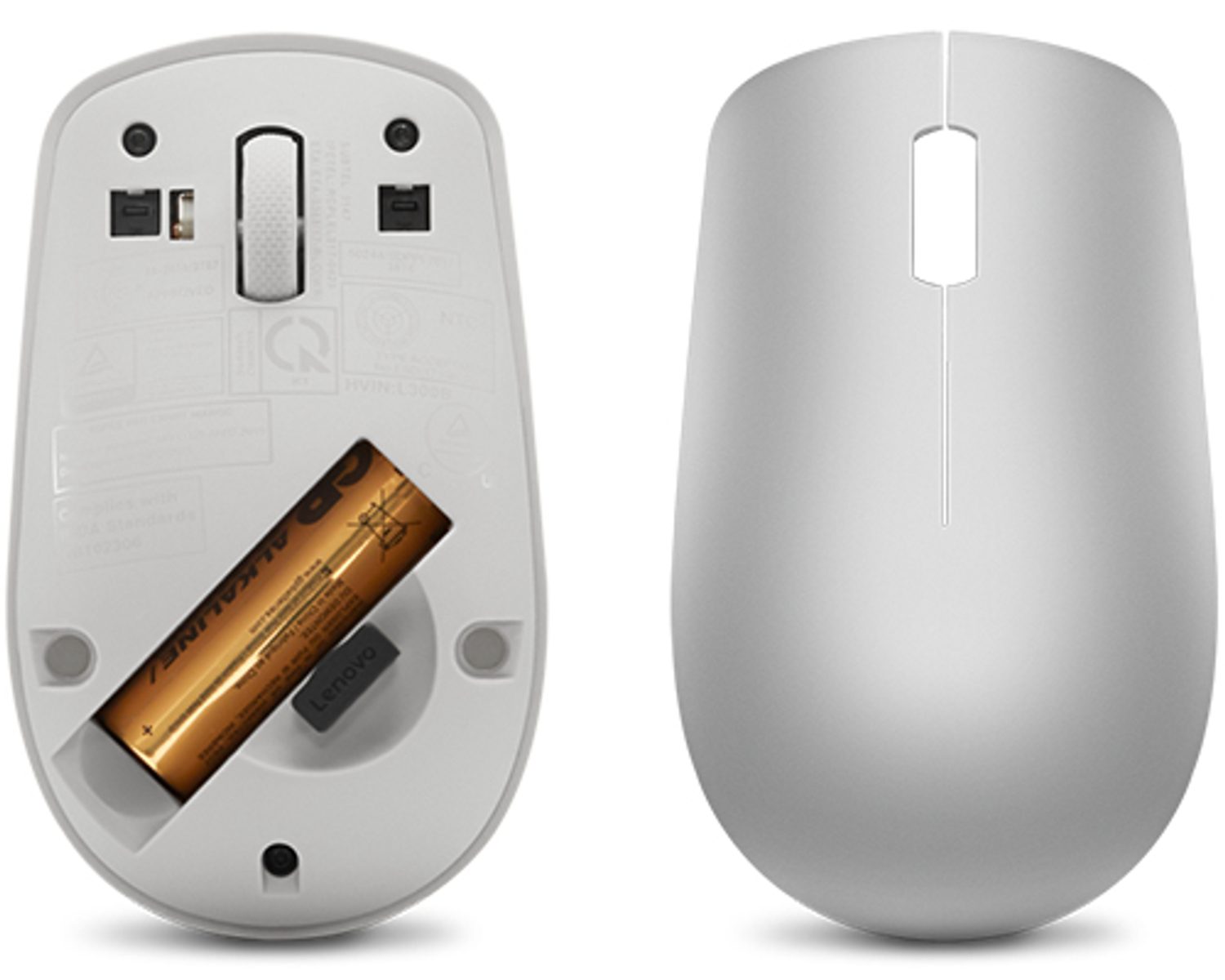 The bottom and top of a computer mouse. The bottom shows the battery and some labels.