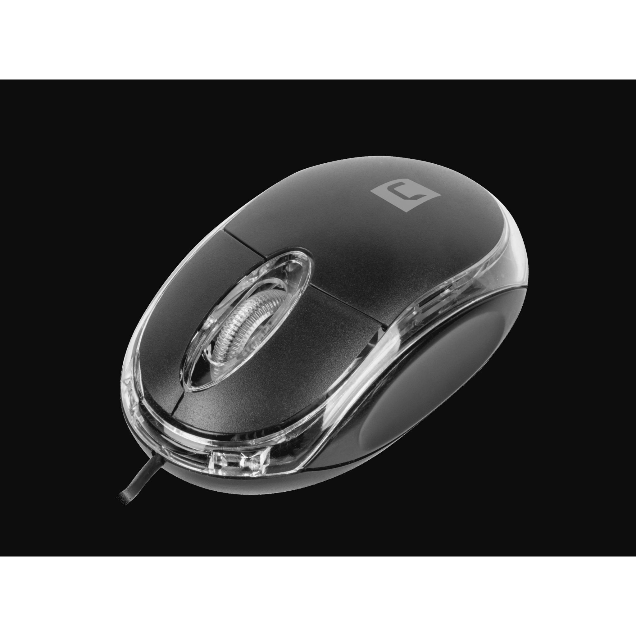 Mouse per computer nero con lati in plastica trasparente e rotella.