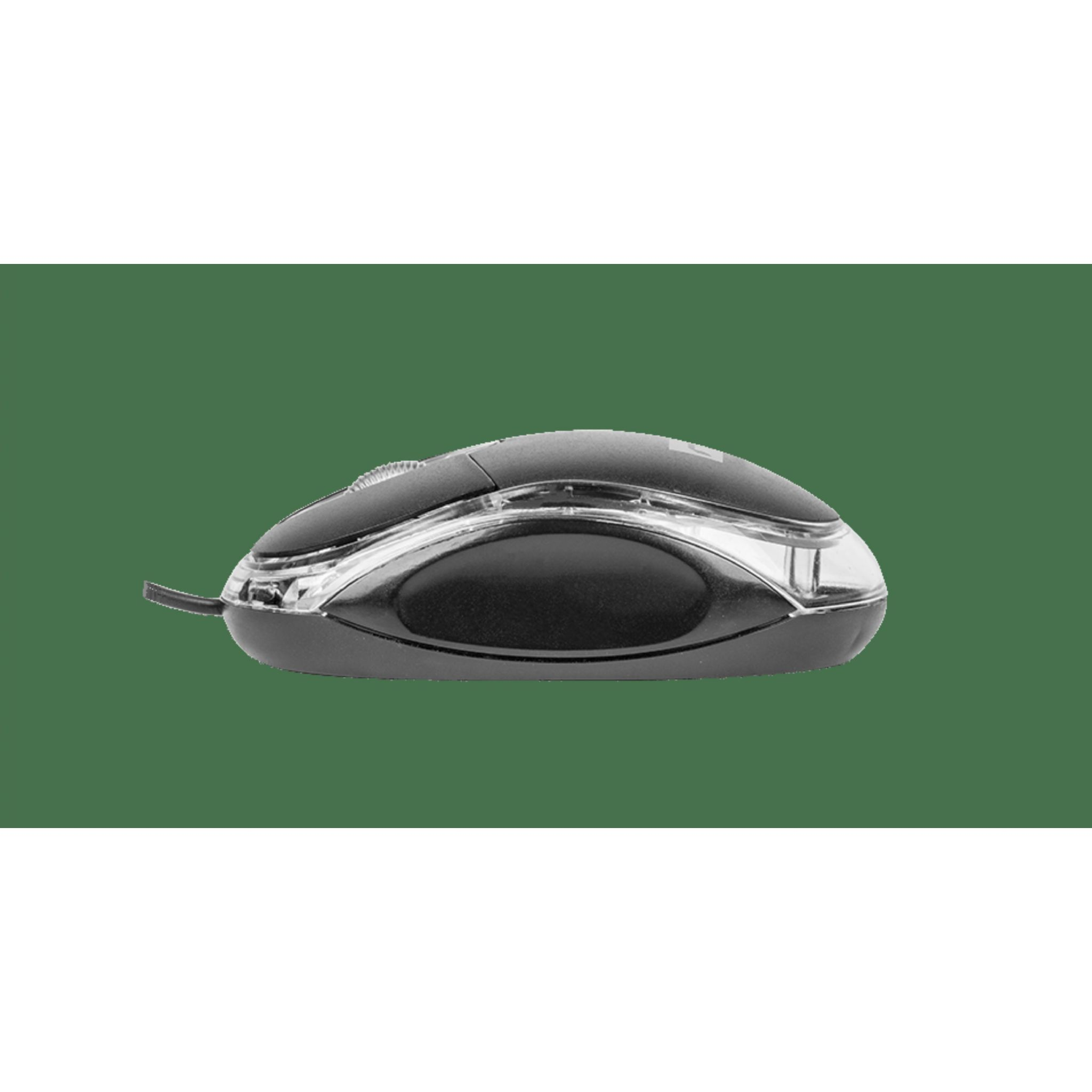 Mouse nero con una striscia trasparente e un cavo, su sfondo verde.
